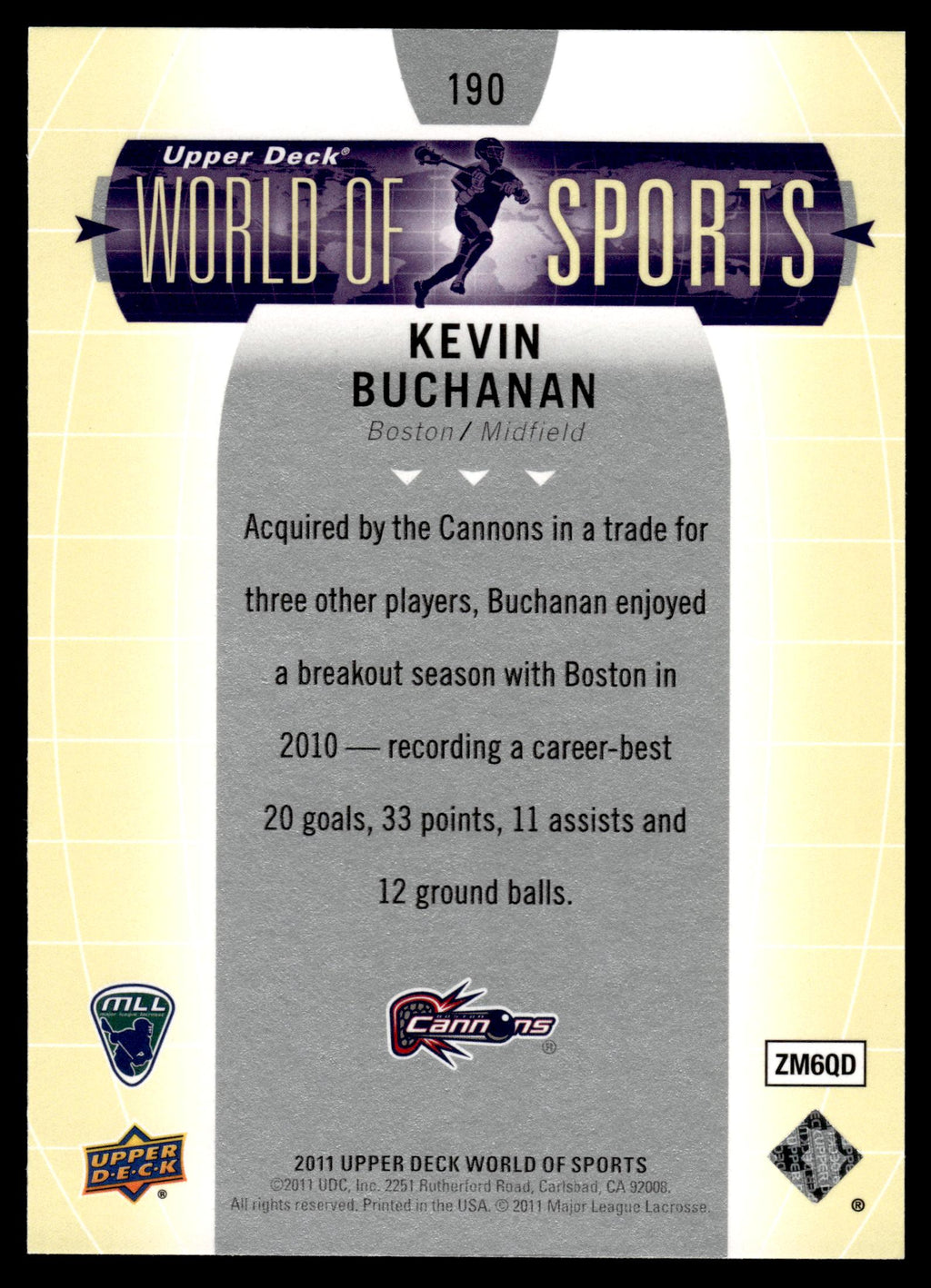 Kevin Buchanan 2011 Upper Deck World of Sports Boston Cannons #190