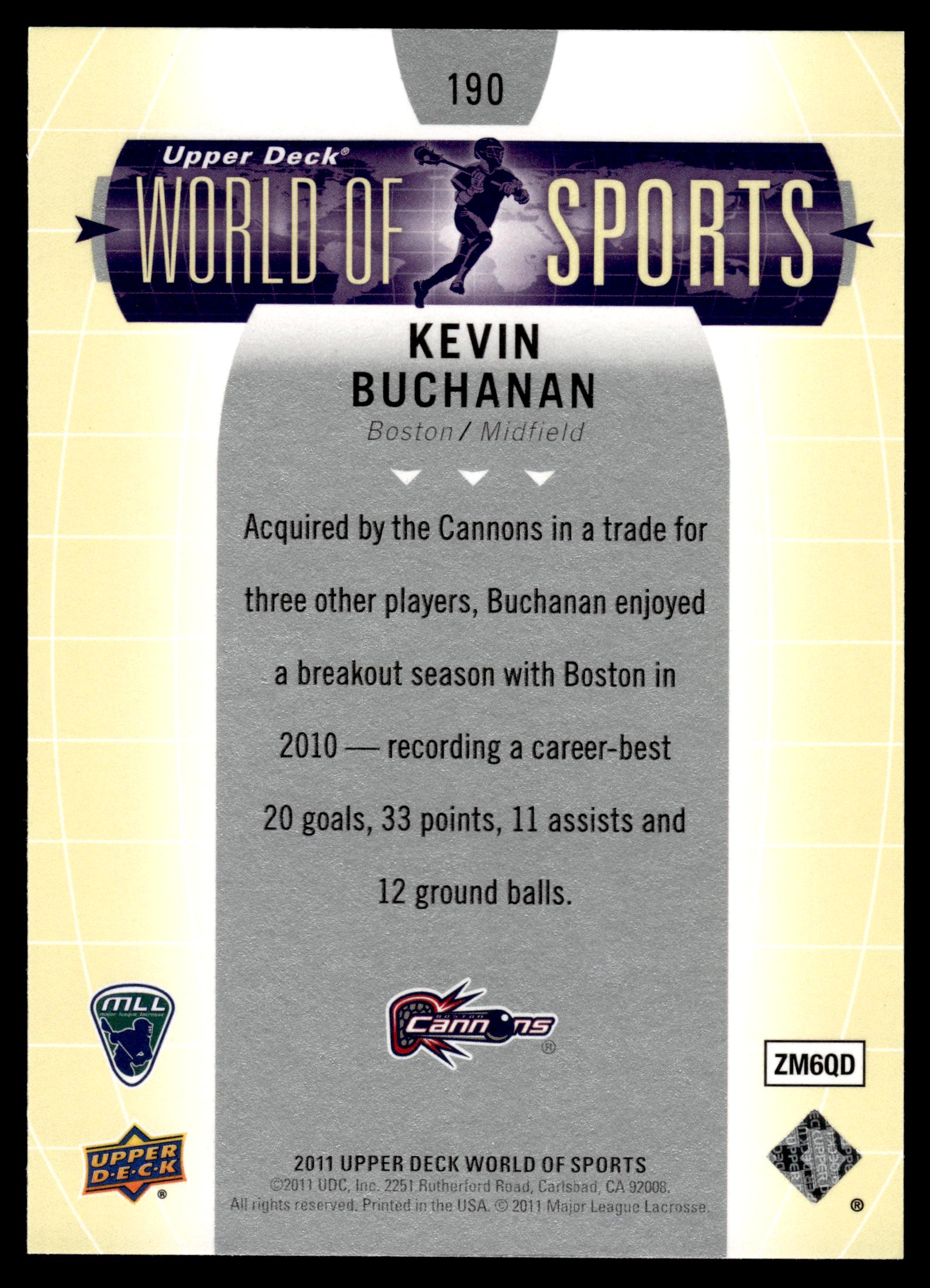 Kevin Buchanan 2011 Upper Deck World of Sports Boston Cannons #190