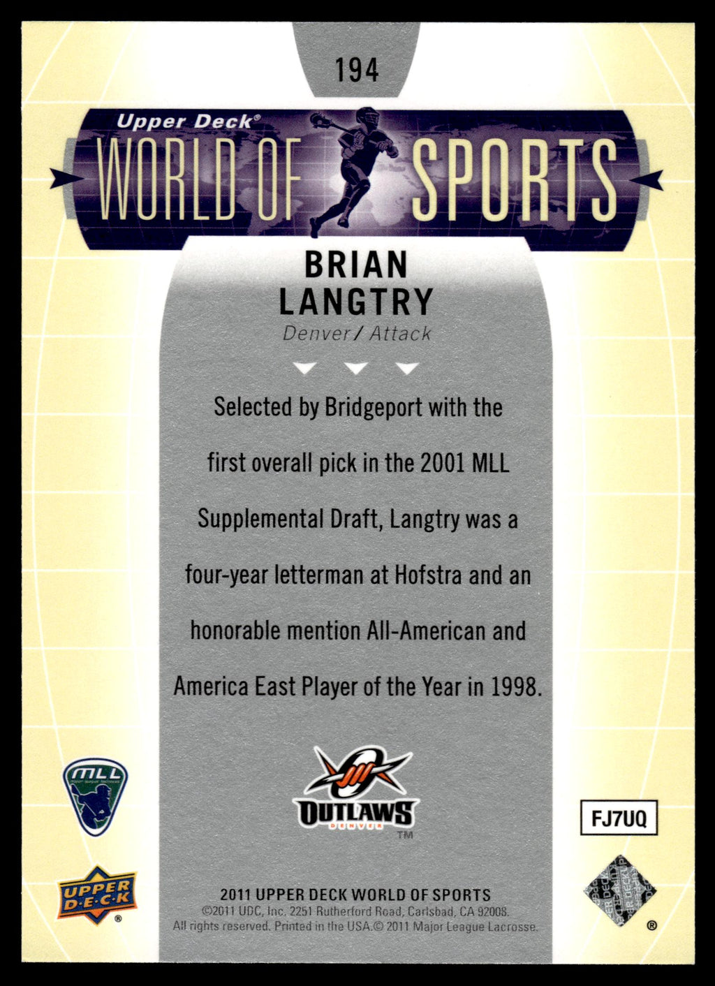 Brian Langtry 2011 Upper Deck World of Sports Denver Outlaws #194