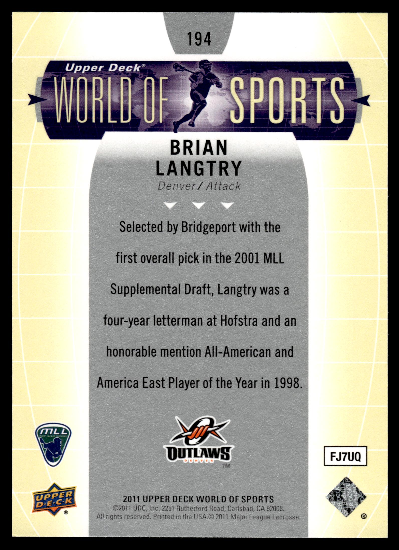 Brian Langtry 2011 Upper Deck World of Sports Denver Outlaws #194