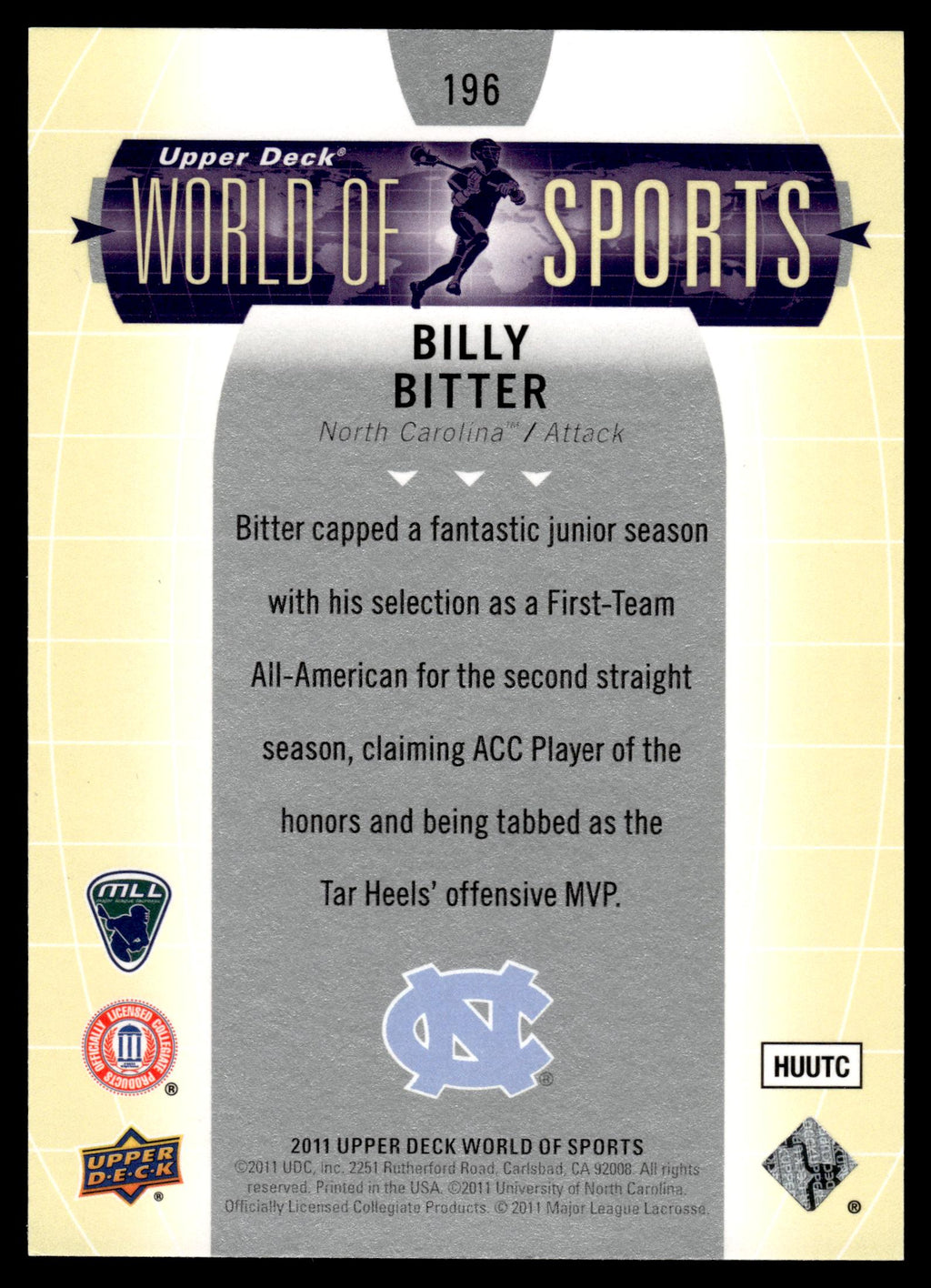 Billy Bitter 2011 Upper Deck World of Sports North Carolina Tar Heels #196