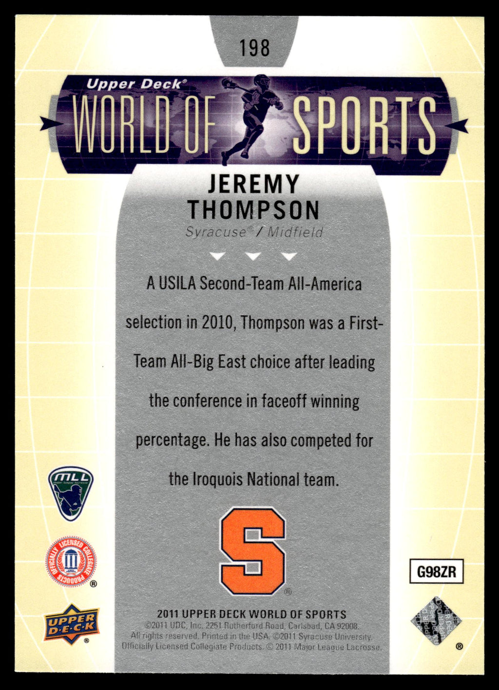 Jeremy Thompson 2011 Upper Deck World of Sports Syracuse Orange #198