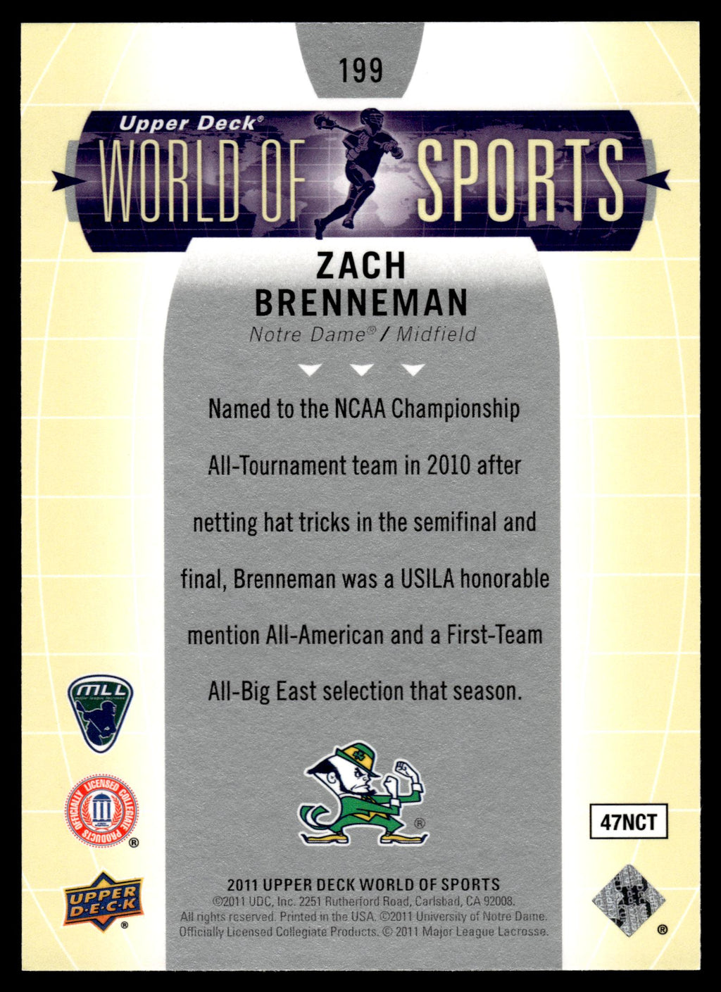 Zach Brenneman 2011 Upper Deck World of Sports Notre Dame Fighting Irish #199
