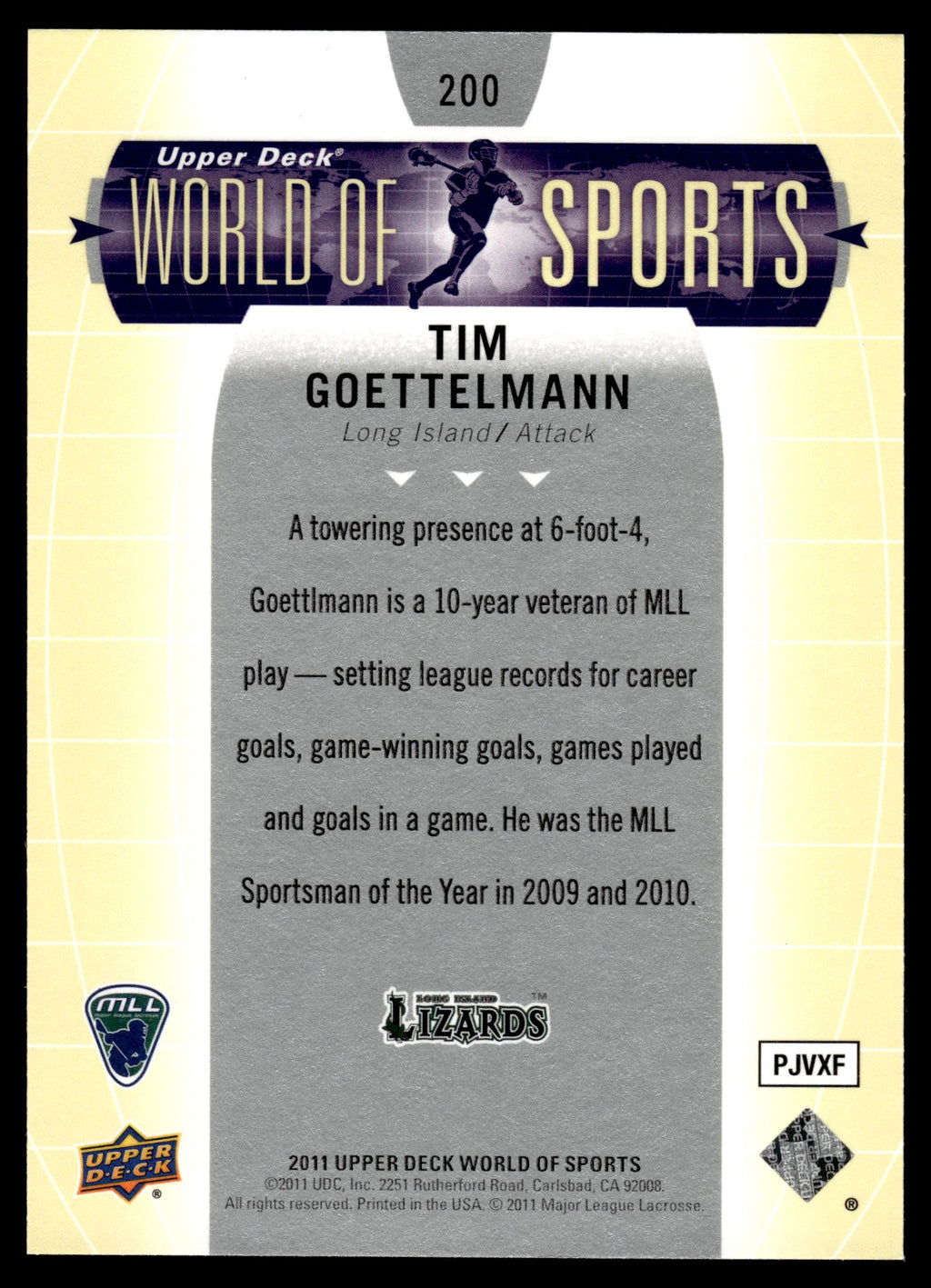 Tim Goettelmann 2011 Upper Deck World of Sports Long Island Lizards #200