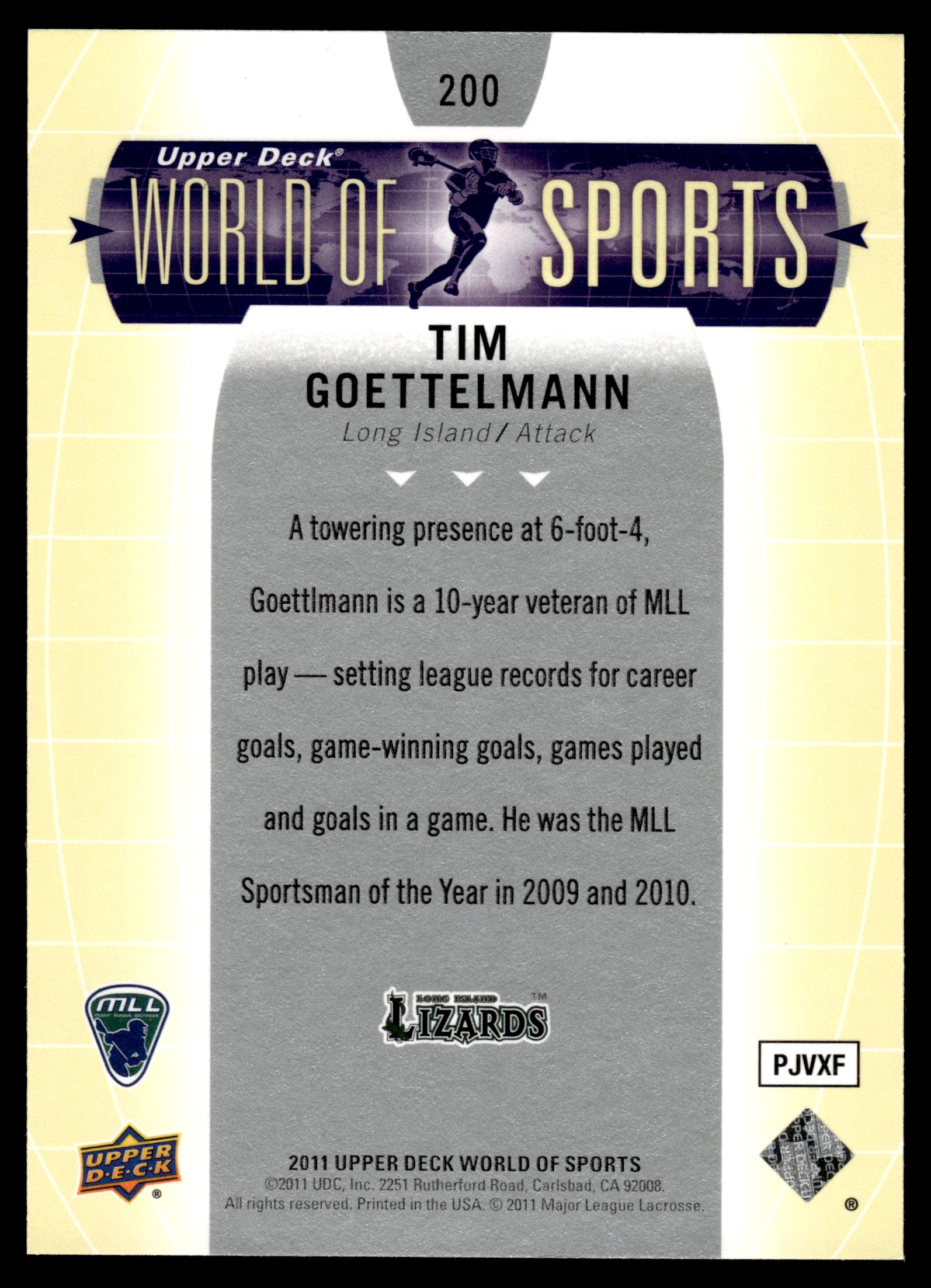 Tim Goettelmann 2011 Upper Deck World of Sports Long Island Lizards #200