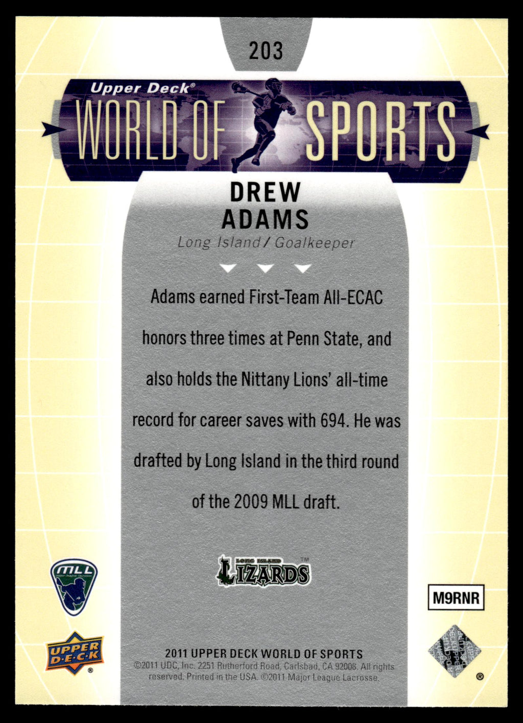Drew Adams 2011 Upper Deck World of Sports Long Island Lizards #203