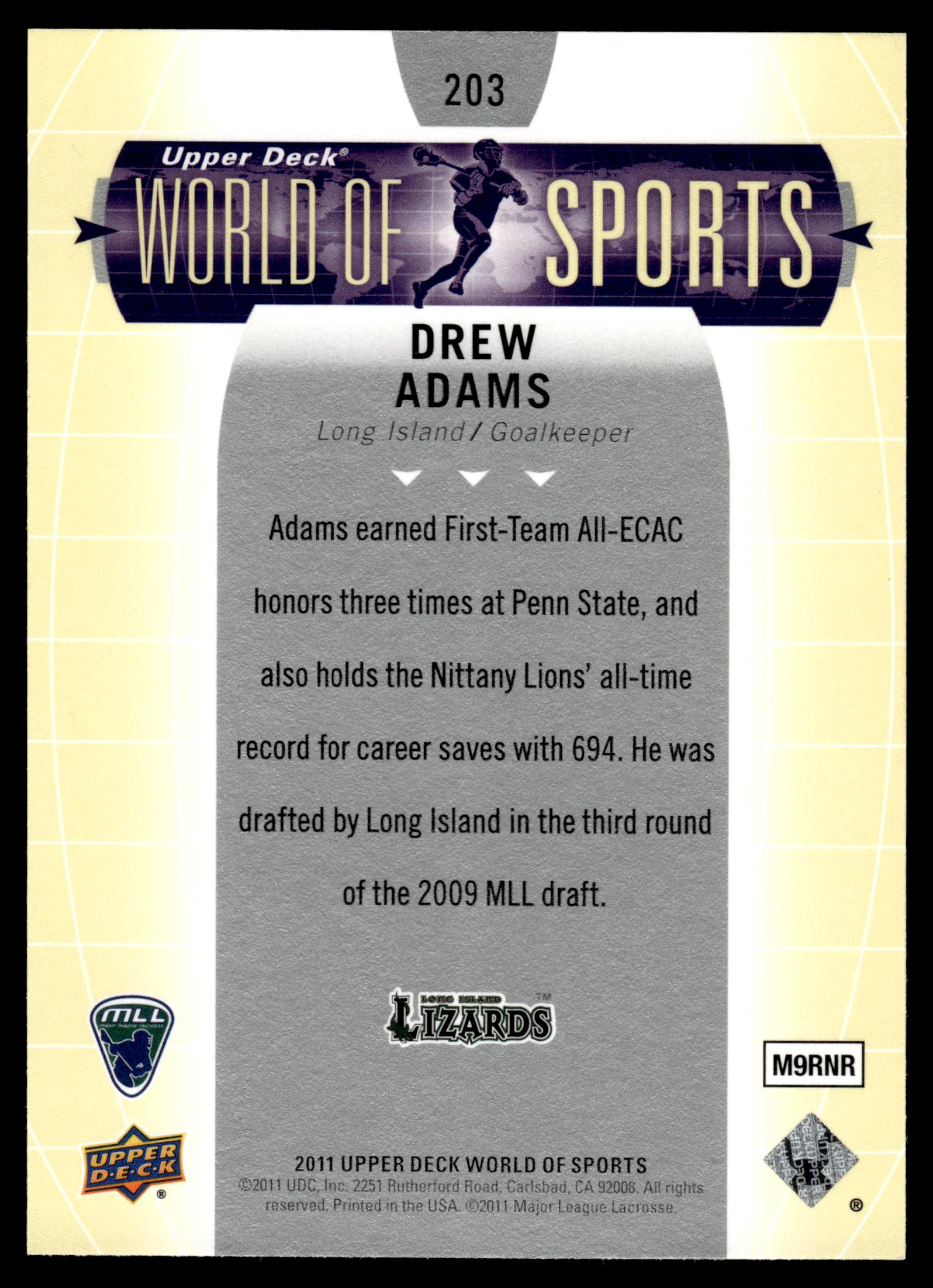 Drew Adams 2011 Upper Deck World of Sports Long Island Lizards #203