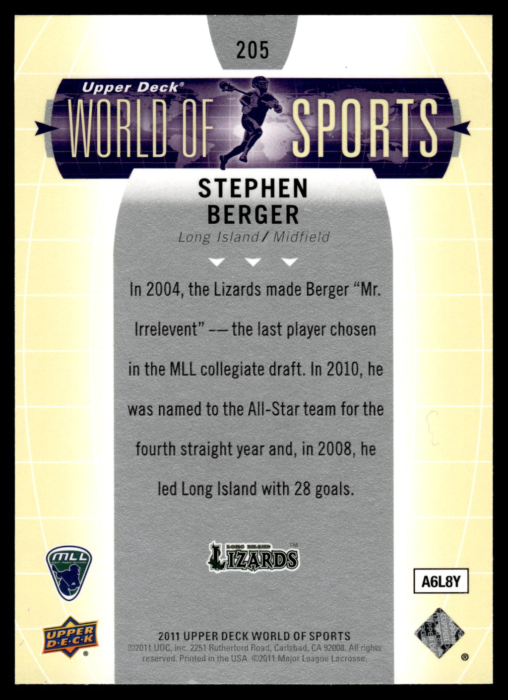Stephen Berger 2011 Upper Deck World of Sports Long Island Lizards #205