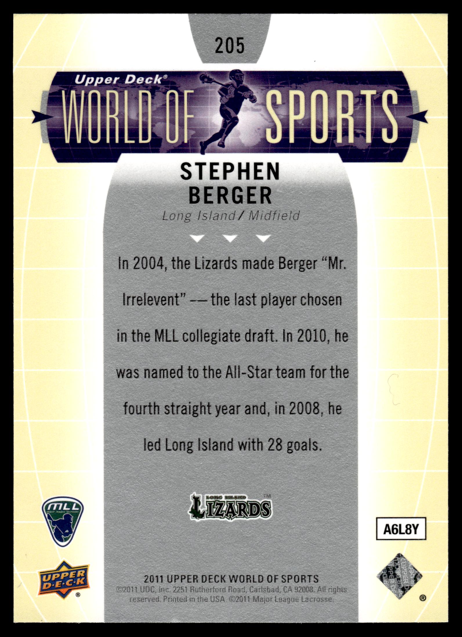 Stephen Berger 2011 Upper Deck World of Sports Long Island Lizards #205