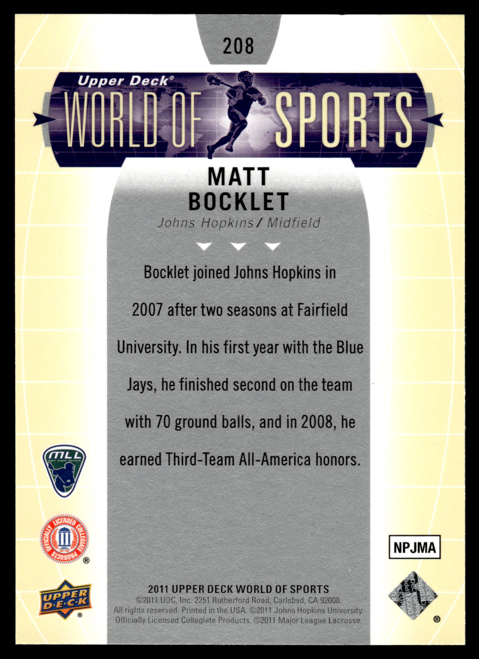 Matt Bocklet 2011 Upper Deck World of Sports Johns Hopkins Blue Jays #208