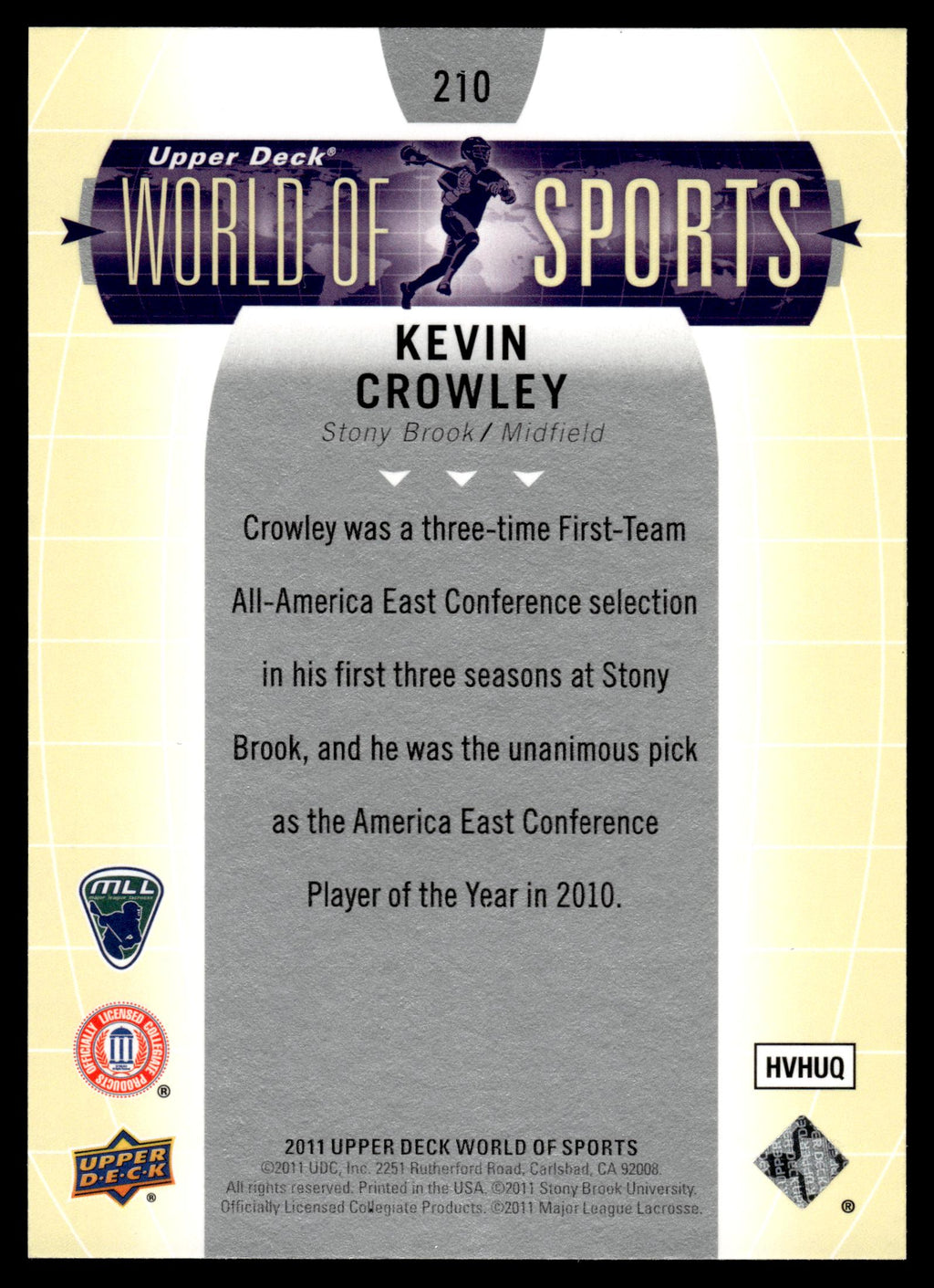 Kevin Crowley 2011 Upper Deck World of Sports Stony Brook Seawolves #210