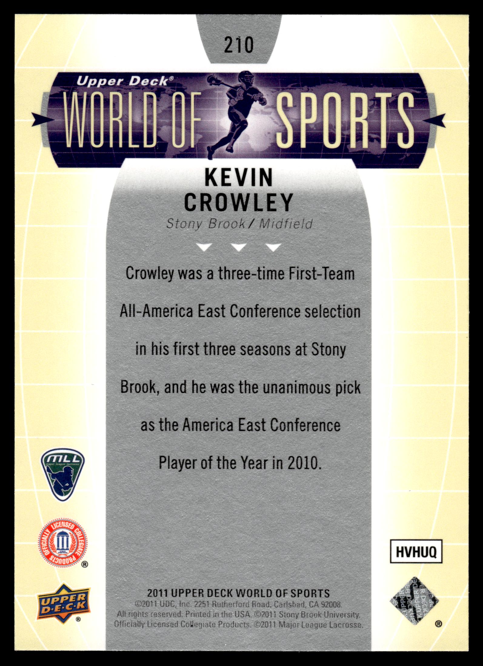 Kevin Crowley 2011 Upper Deck World of Sports Stony Brook Seawolves #210