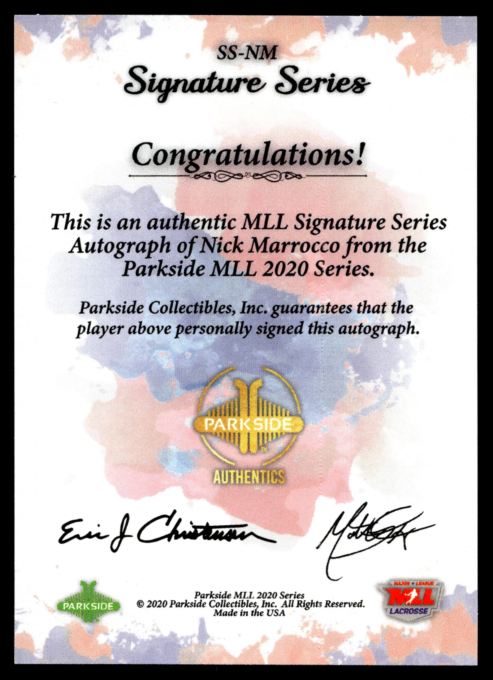 Nick Marrocco 2020 MLL Parkside Select Series Boston Cannons Autograph #SS-NM