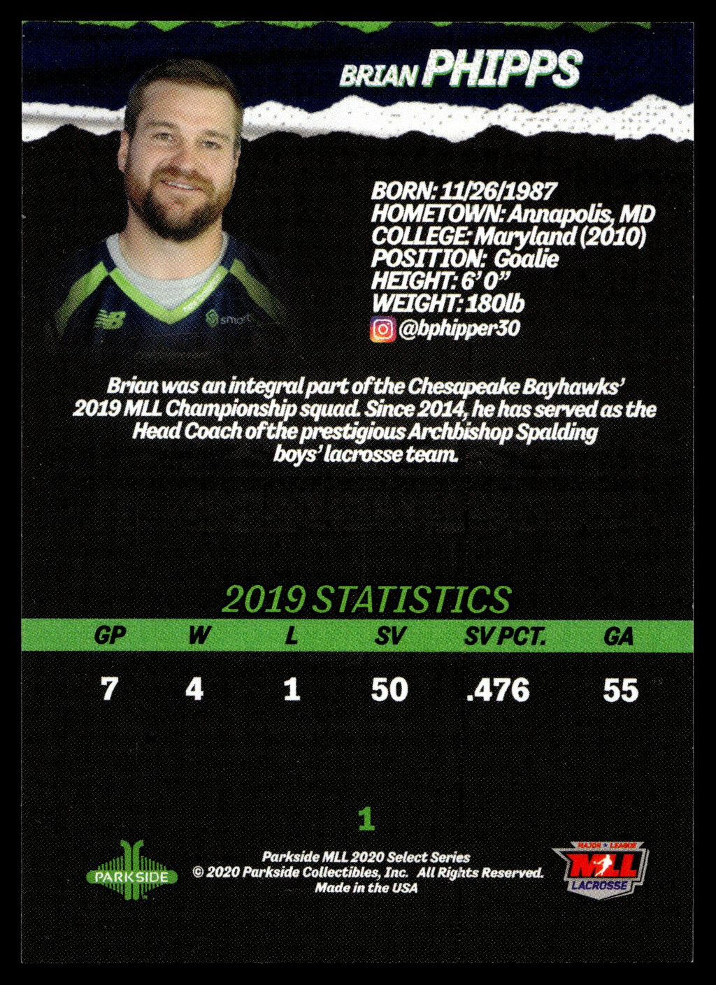 Brian Phipps 2020 MLL Parkside Select Series Chesapeake Bayhawks #1