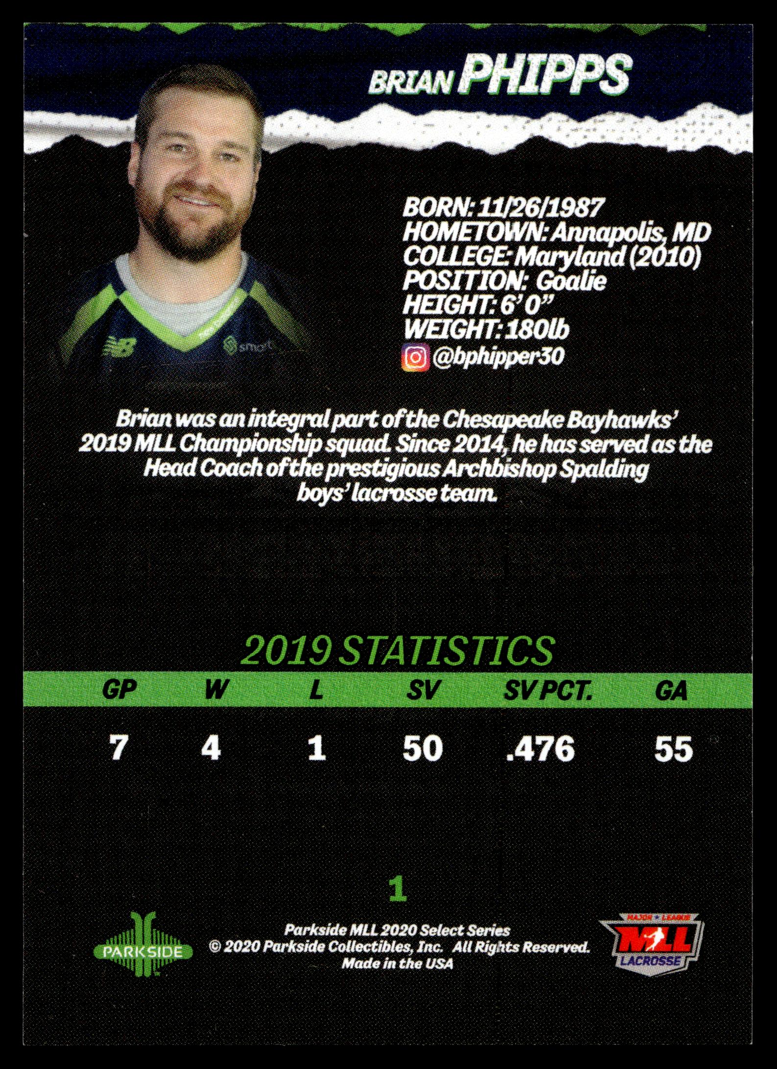 Brian Phipps 2020 MLL Parkside Select Series Chesapeake Bayhawks #1