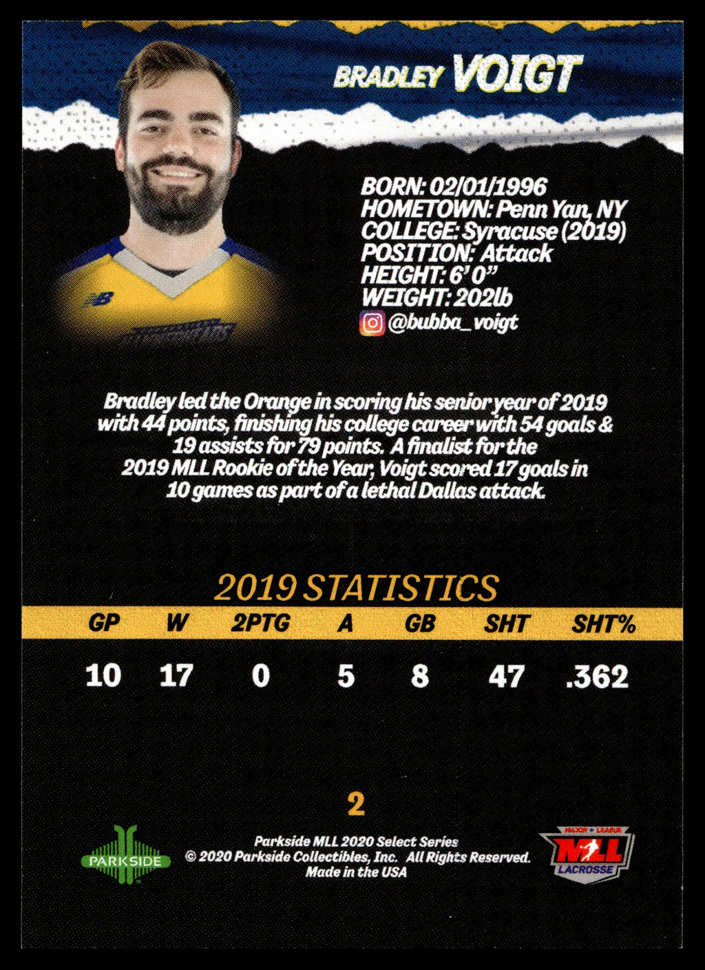 Bradley Voigt 2020 MLL Parkside Select Series Dallas Rattlers #2