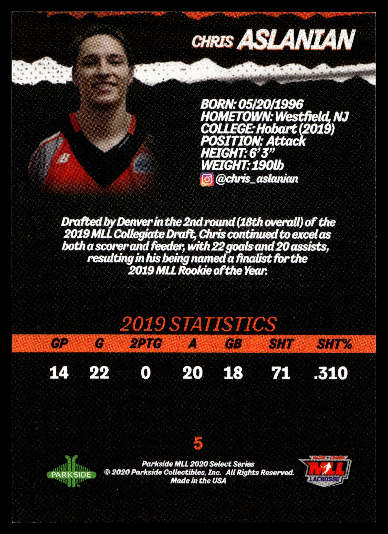 Chris Aslanian 2020 MLL Parkside Select Series Denver Outlaws #5