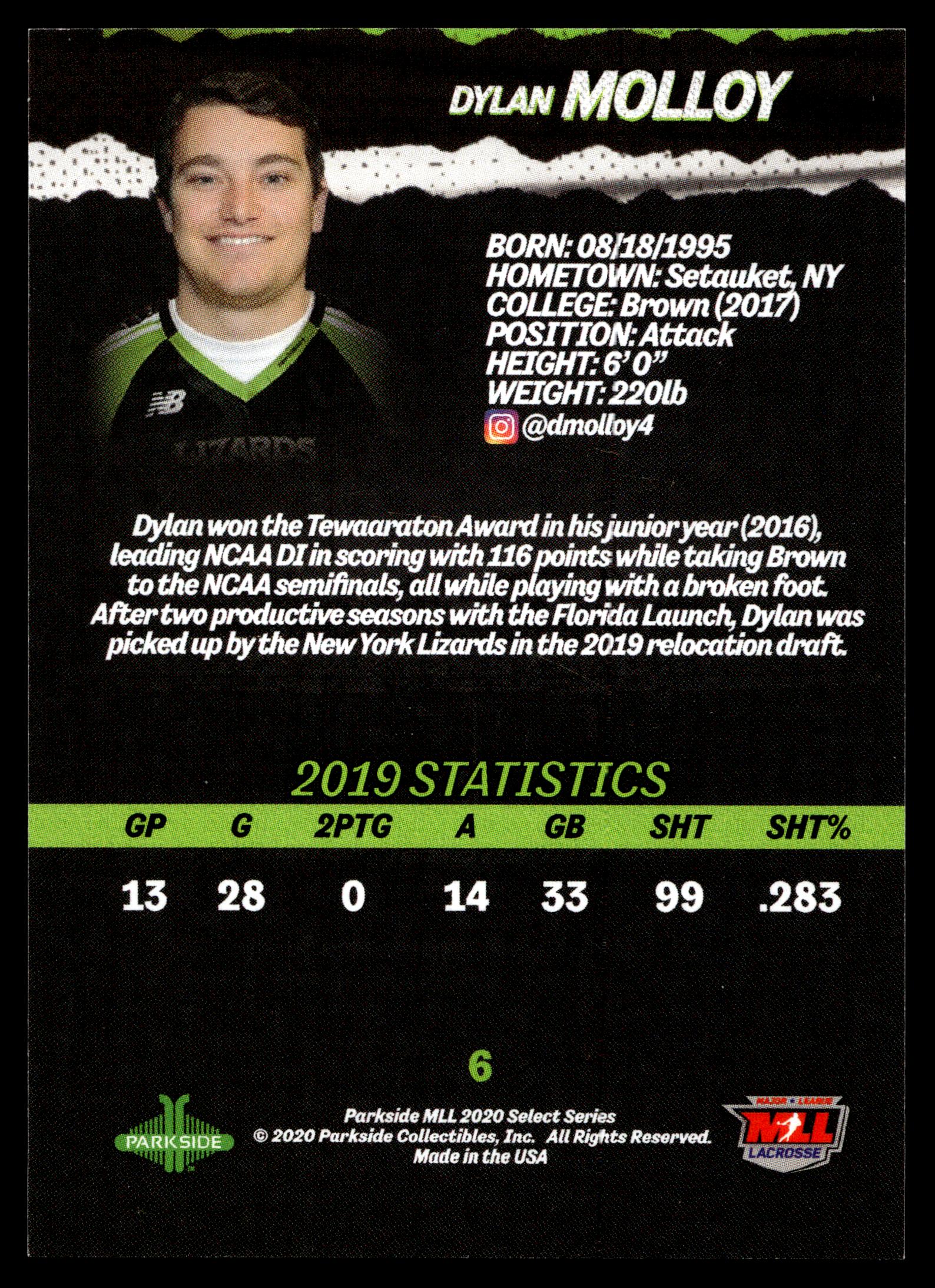 Dylan Molloy 2020 MLL Parkside Select Series New York Lizards #6
