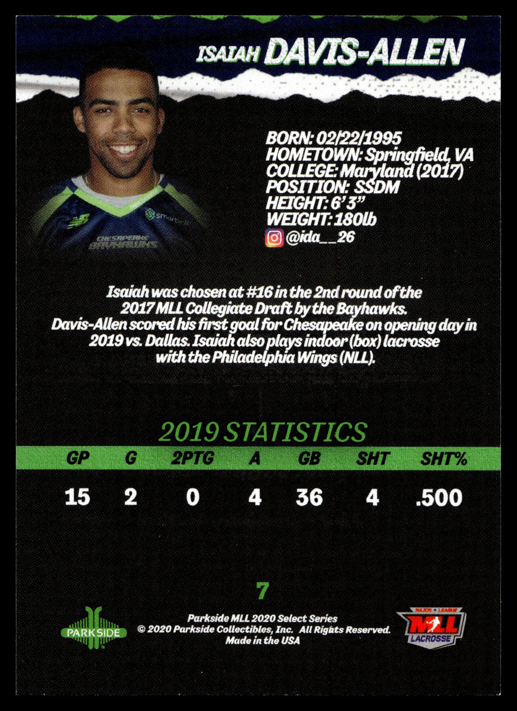 Isaiah Davis-Allen 2020 MLL Parkside Select Series Chesapeake Bayhawks #7