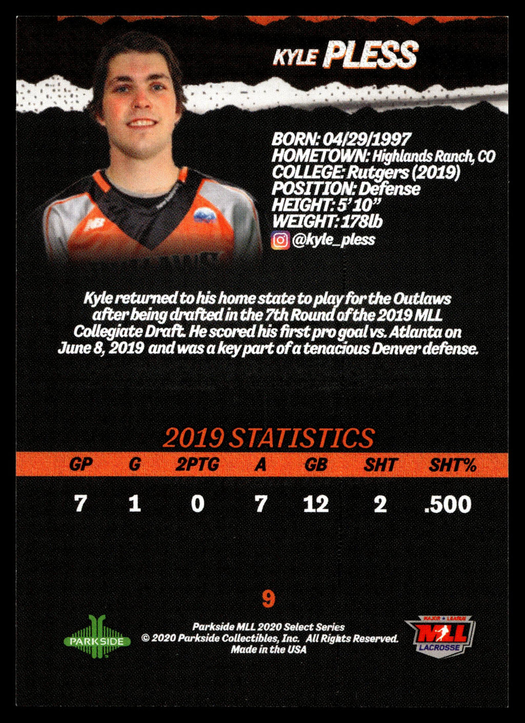 Kyle Pless 2020 MLL Parkside Select Series Denver Outlaws #9