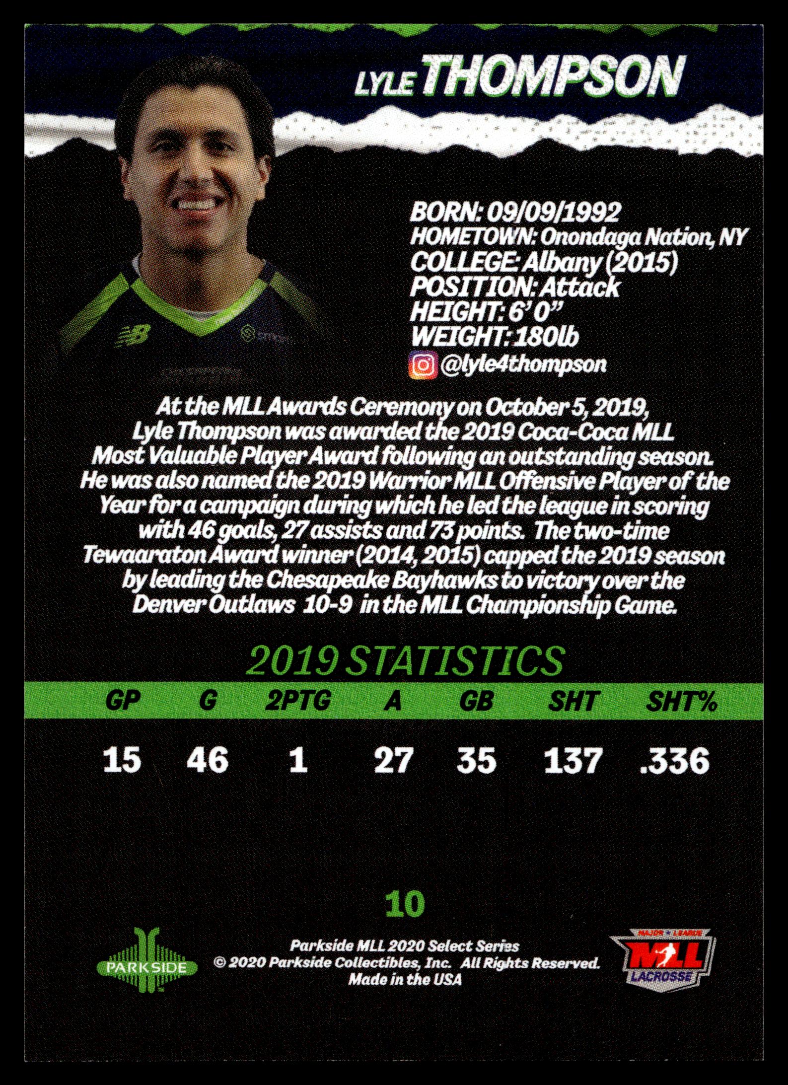 Lyle Thompson 2020 MLL Parkside Select Series Chesapeake Bayhawks #10