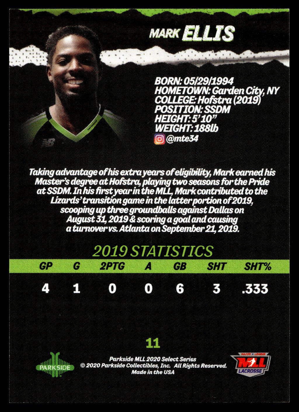 Mark Ellis 2020 MLL Parkside Select Series New York Lizards #11