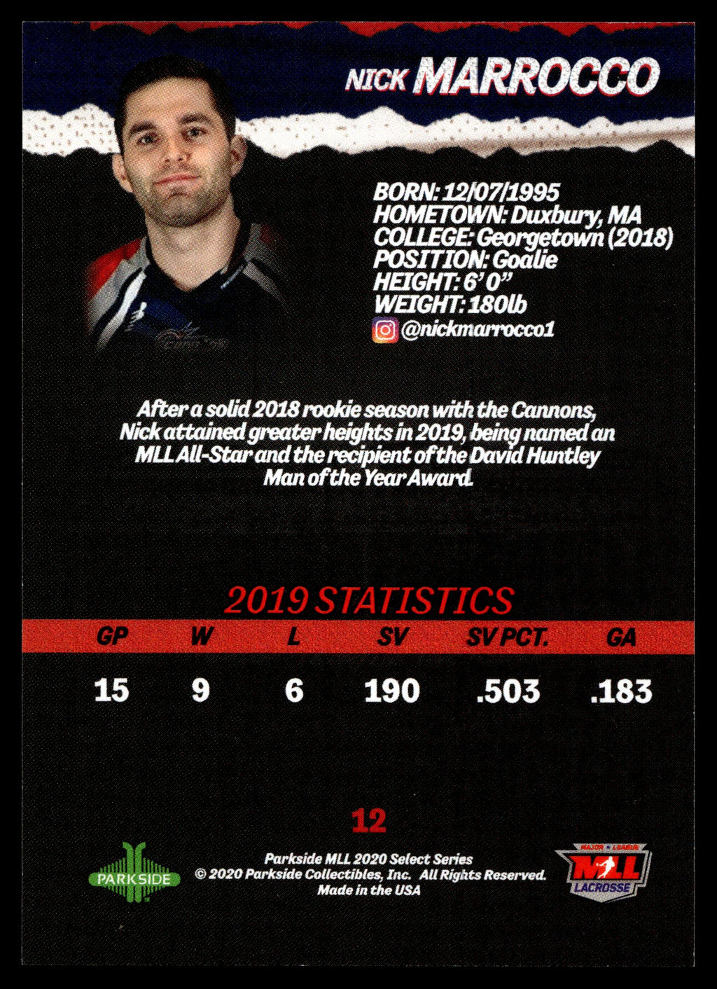 Nick Marrocco 2020 MLL Parkside Select Series Boston Cannons #12