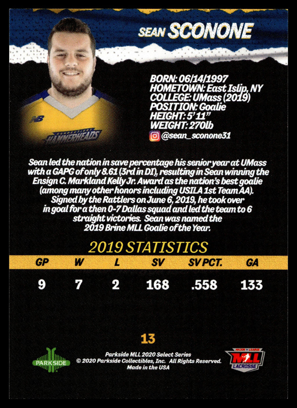 Sean Sconone 2020 MLL Parkside Select Series Dallas Rattlers #13