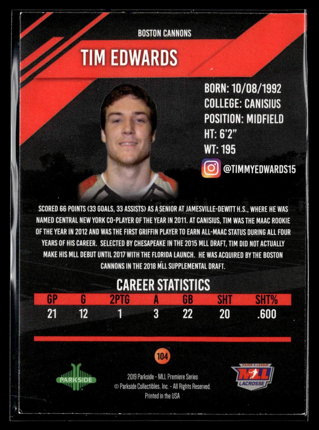 Tim Edwards 2019 MLL Premier Series Boston Cannons #104