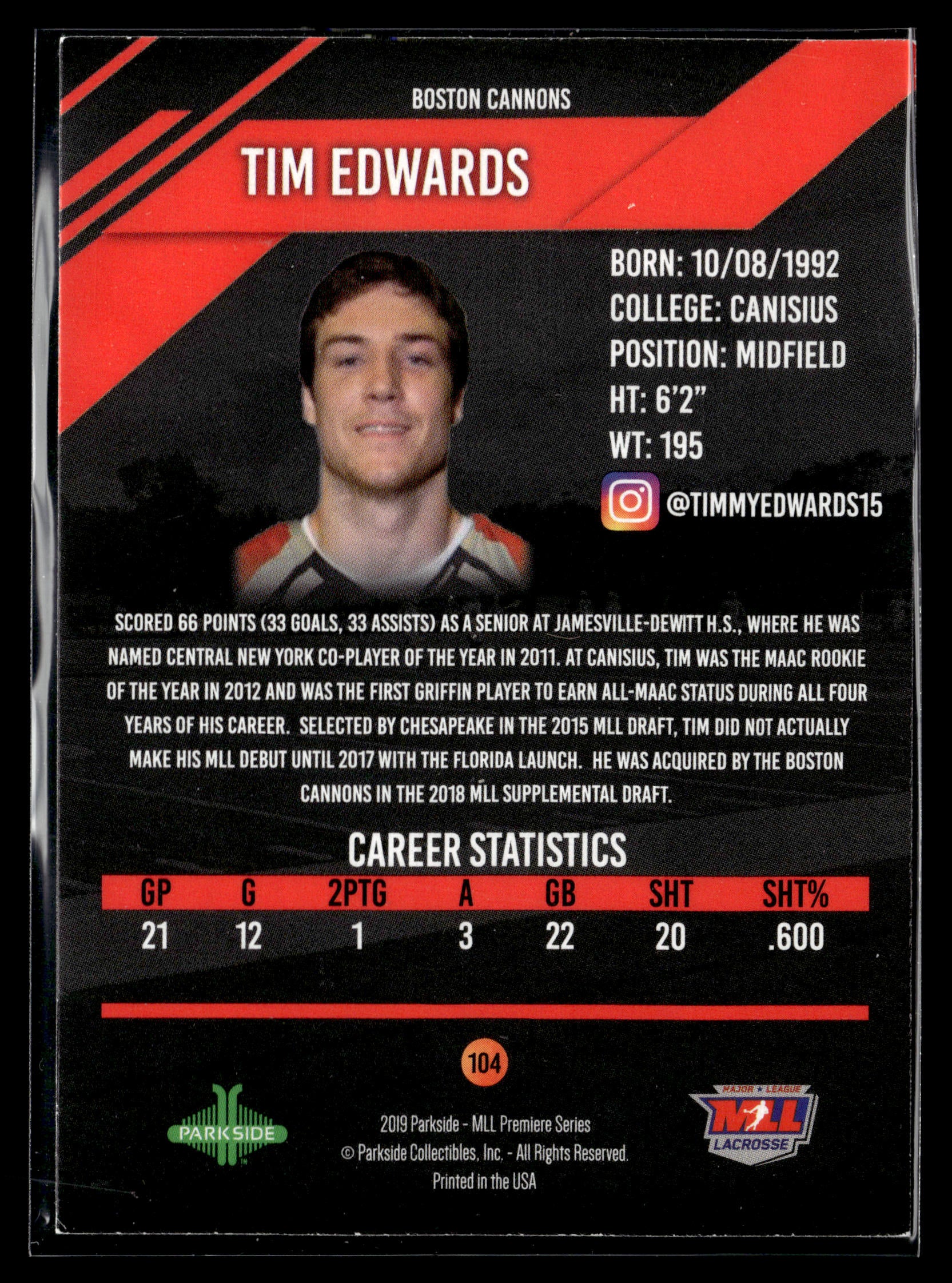 Tim Edwards 2019 MLL Premier Series Boston Cannons #104