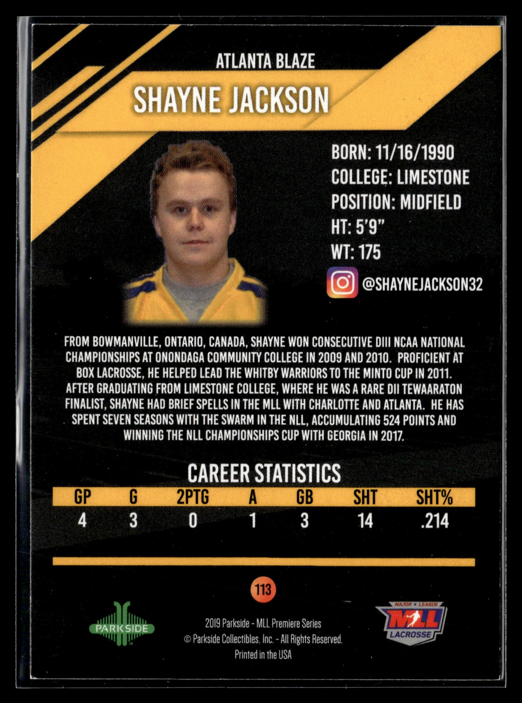 Shayne Jackson 2019 MLL Premier Series Atlanta Blaze #113