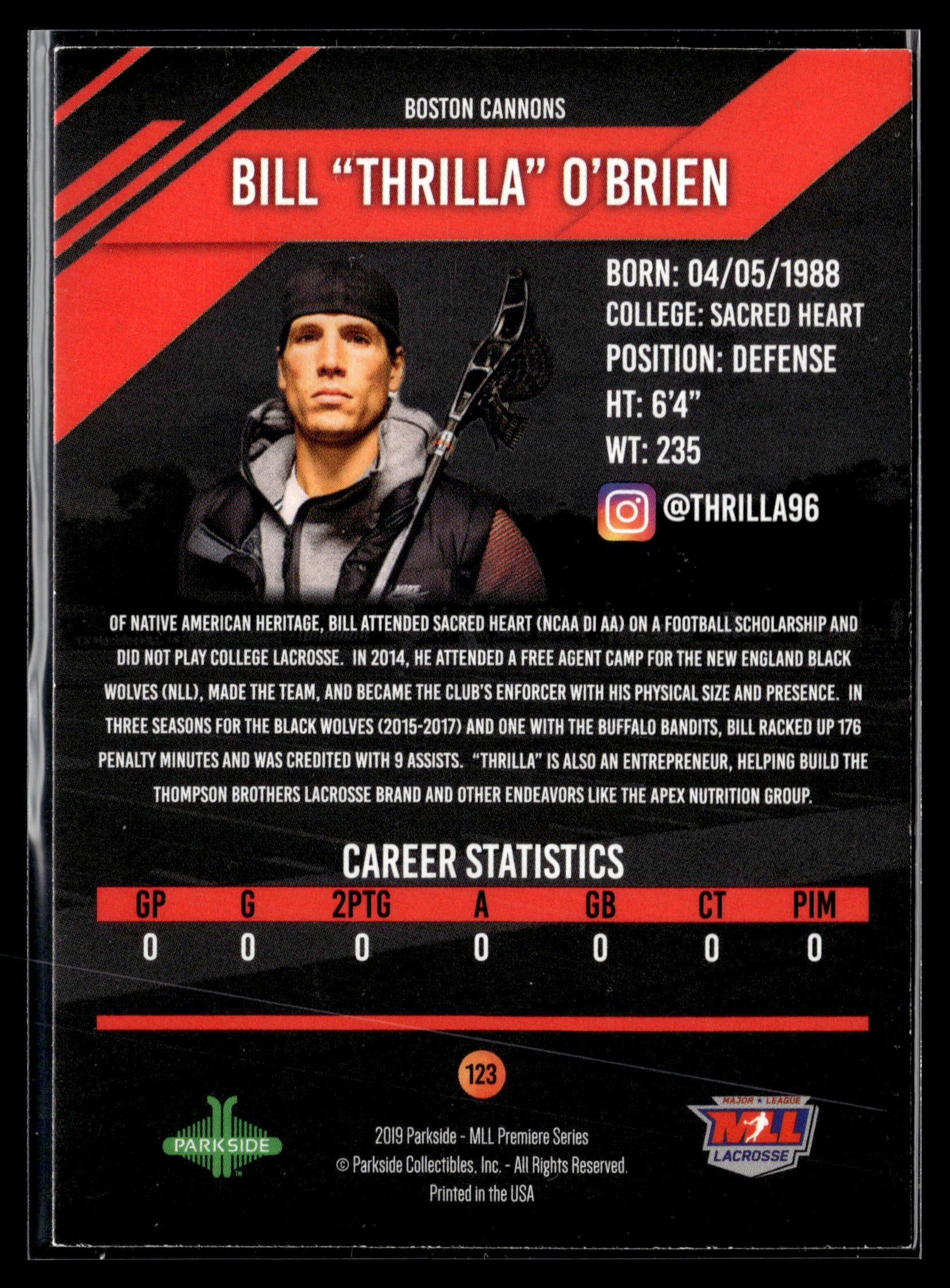 Bill O'Brien 2019 MLL Premier Series NLL Black Wolves #123