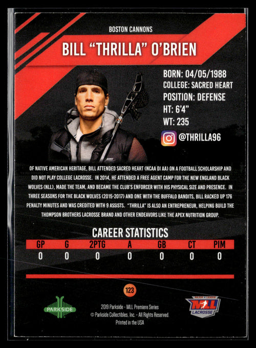 Bill O'Brien 2019 MLL Premier Series NLL Black Wolves #123
