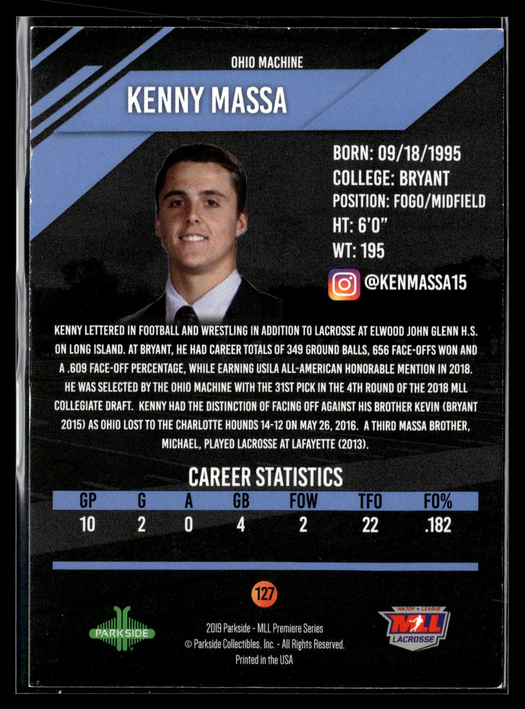 Kenny Massa 2019 MLL Premier Series Ohio Machine #127