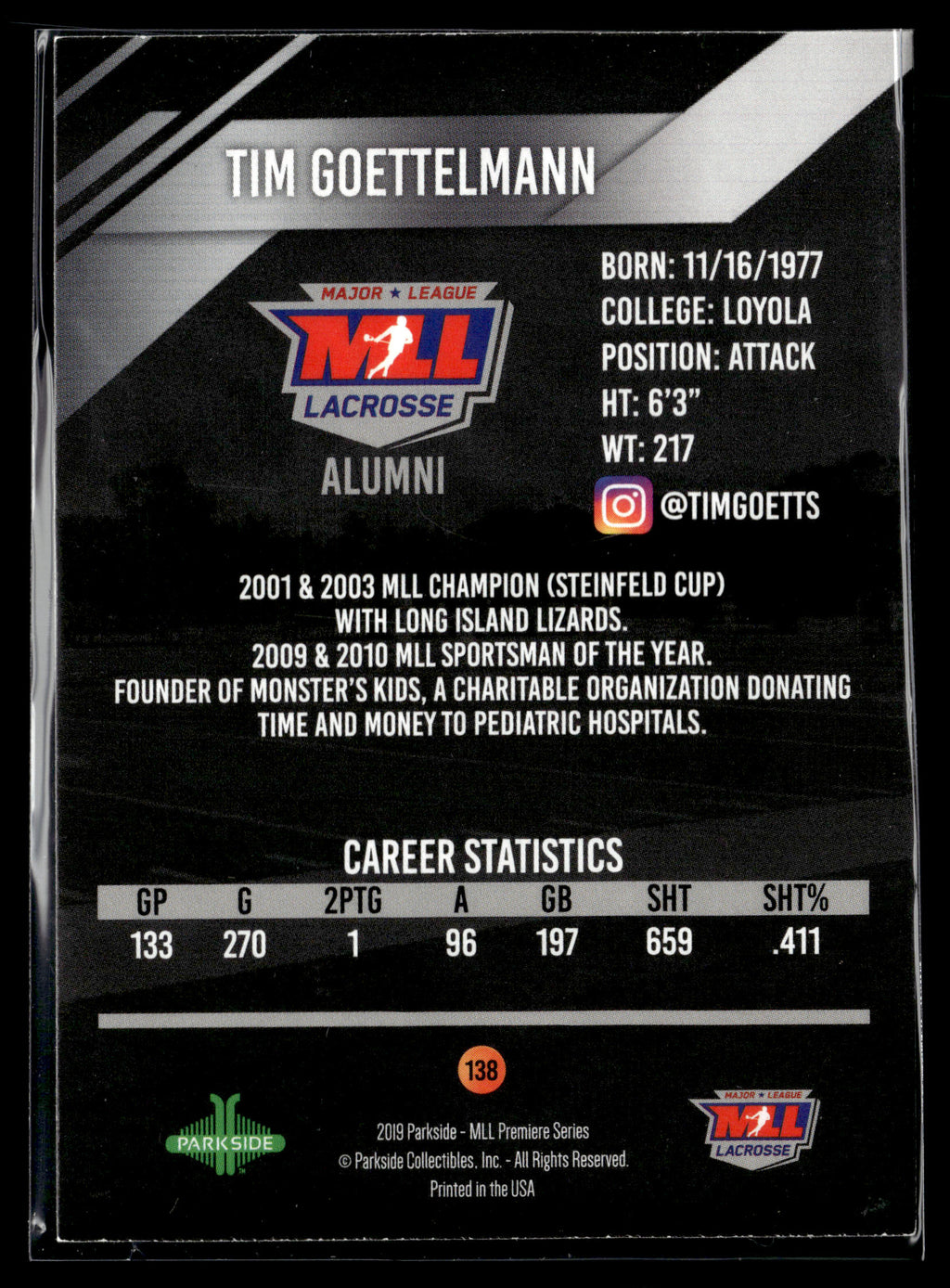 Tim Goettelmann 2019 MLL Premier Series Long Island Lizards #138