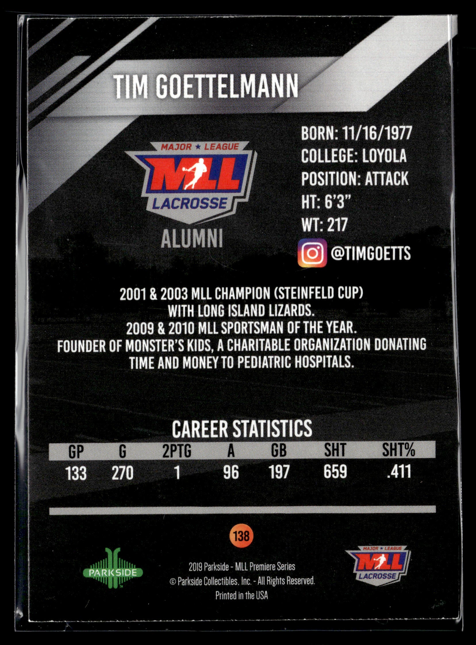 Tim Goettelmann 2019 MLL Premier Series Long Island Lizards #138