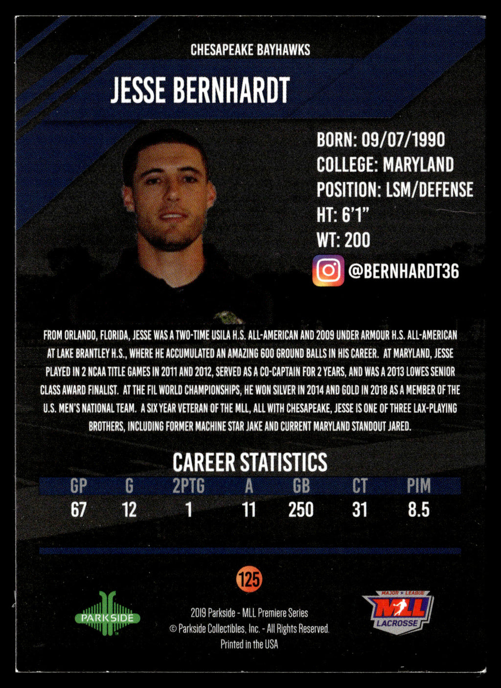 Jesse Bernhardt 2019 MLL Premier Series Chesapeake Bayhawks #125