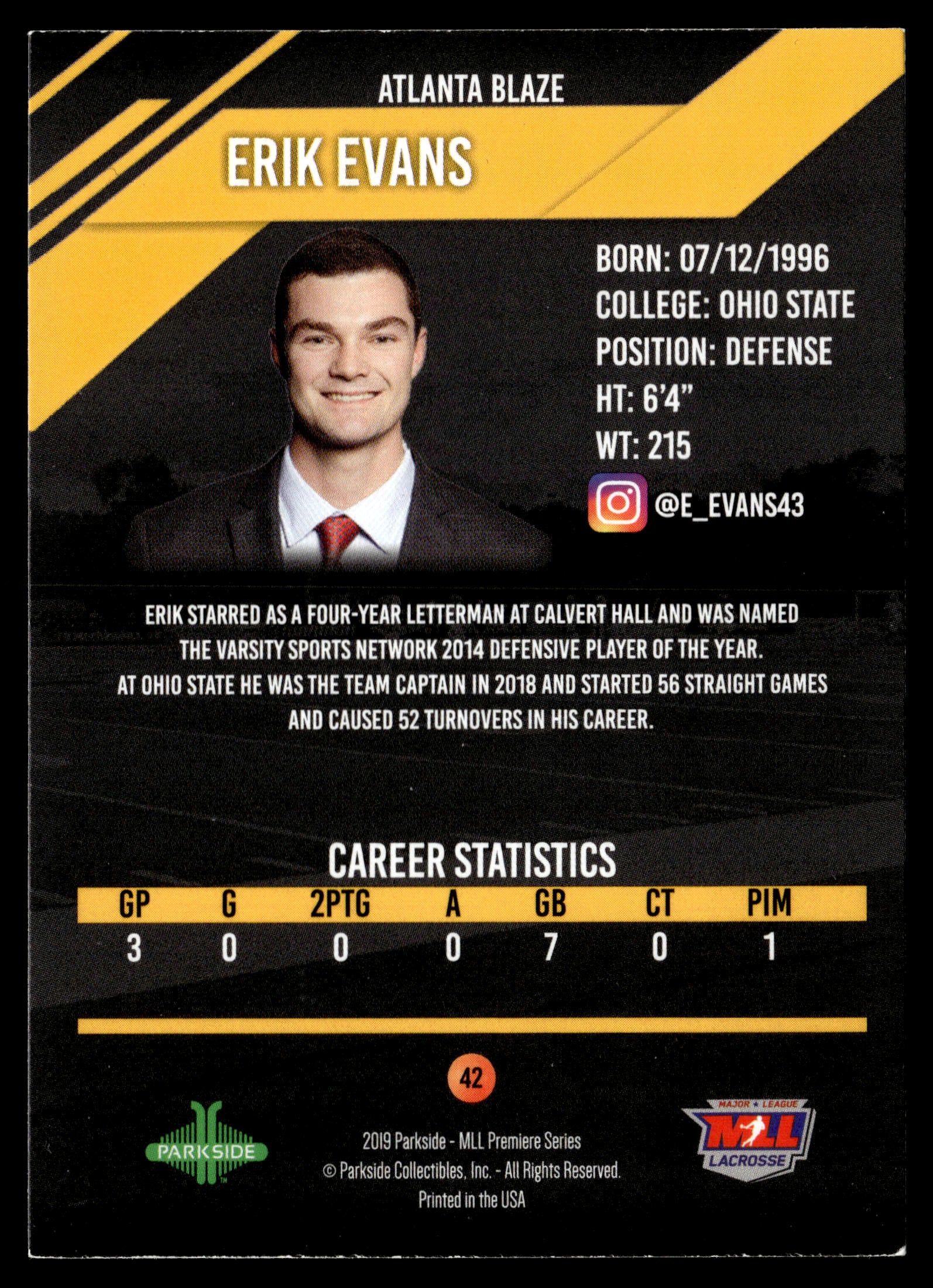 Erik Evans 2019 MLL Premier Series Atlanta Blaze #42