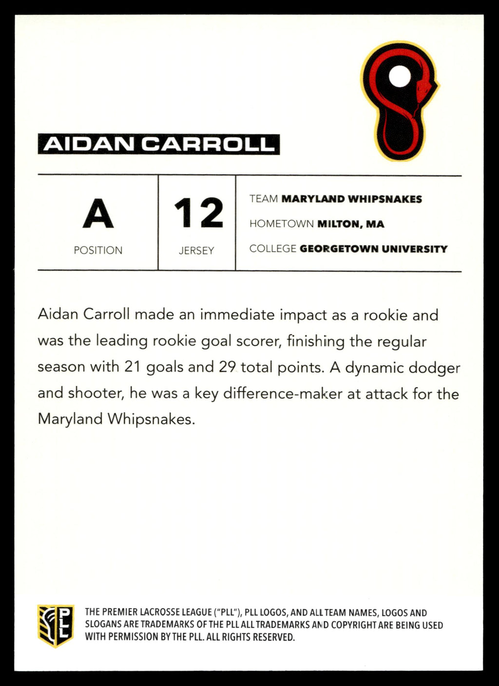 Aidan Carroll 2025 PLL Flagship Maryland Whipsnakes Spasm 38/50 #