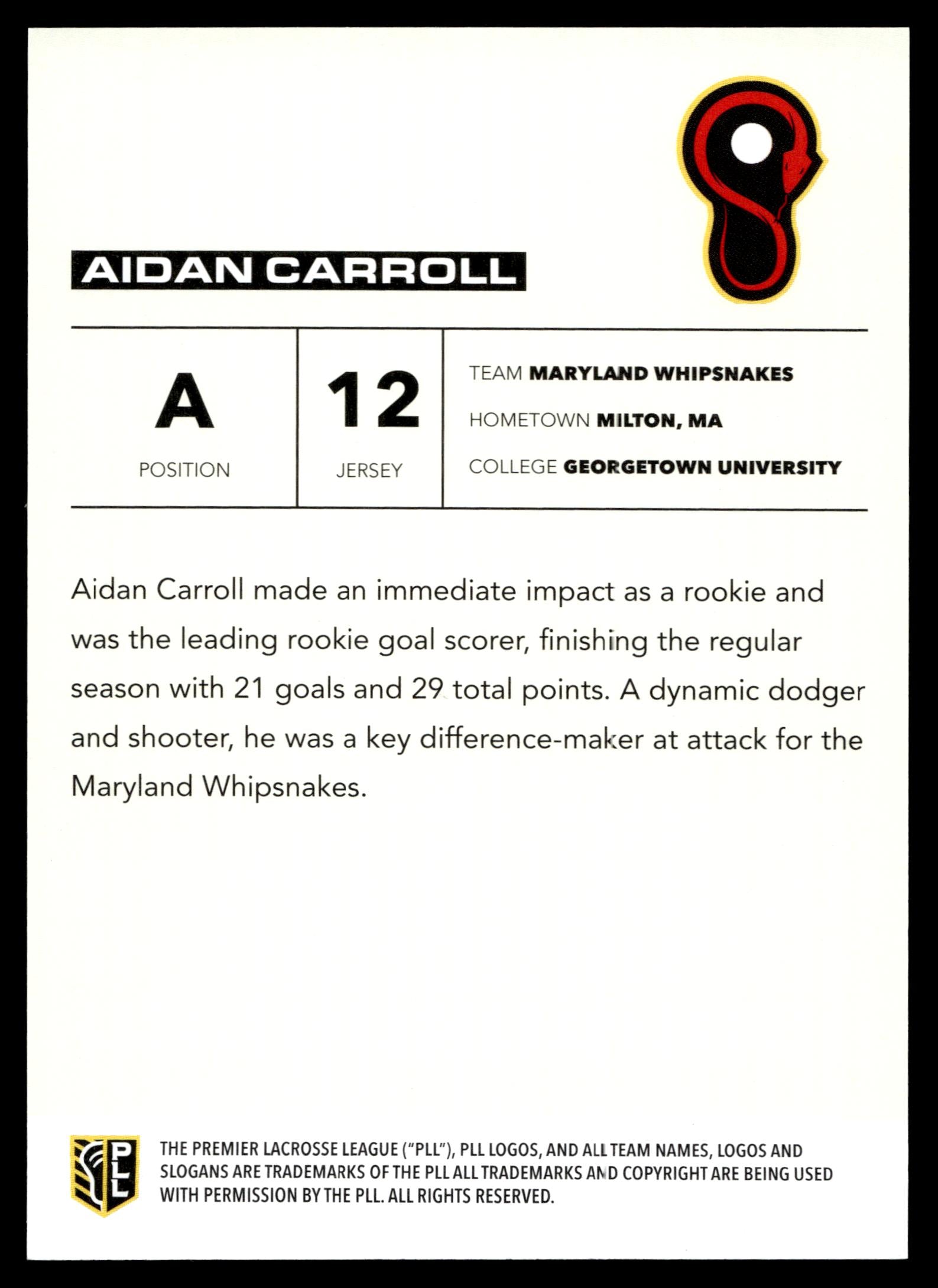 Aidan Carroll 2025 PLL Flagship Maryland Whipsnakes Spasm 38/50 #
