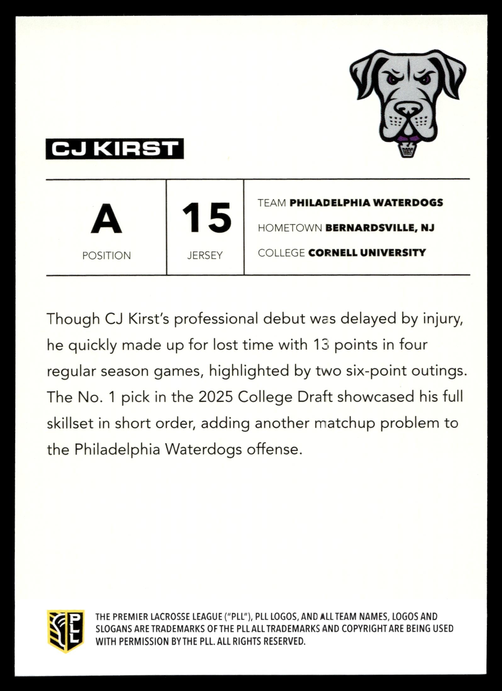 CJ Kirst PLL 2025 PLL Flagship Philadelphia Waterdogs #148