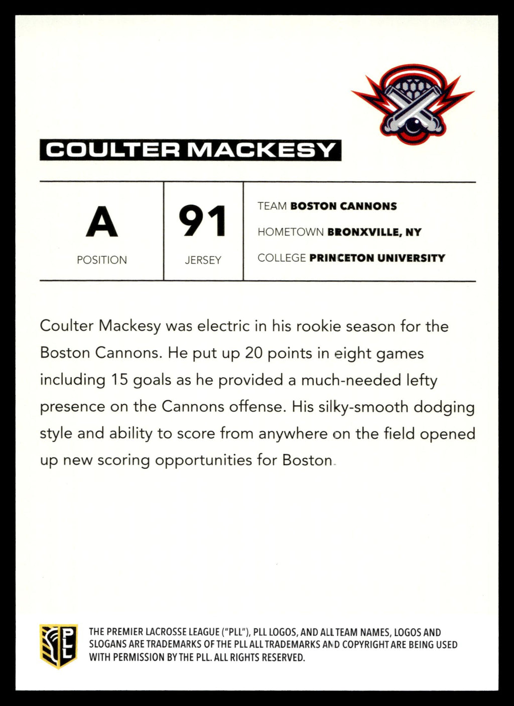 Coulter Mackesy 2025 PLL Flagship Boston Cannons Blue 20/99 #