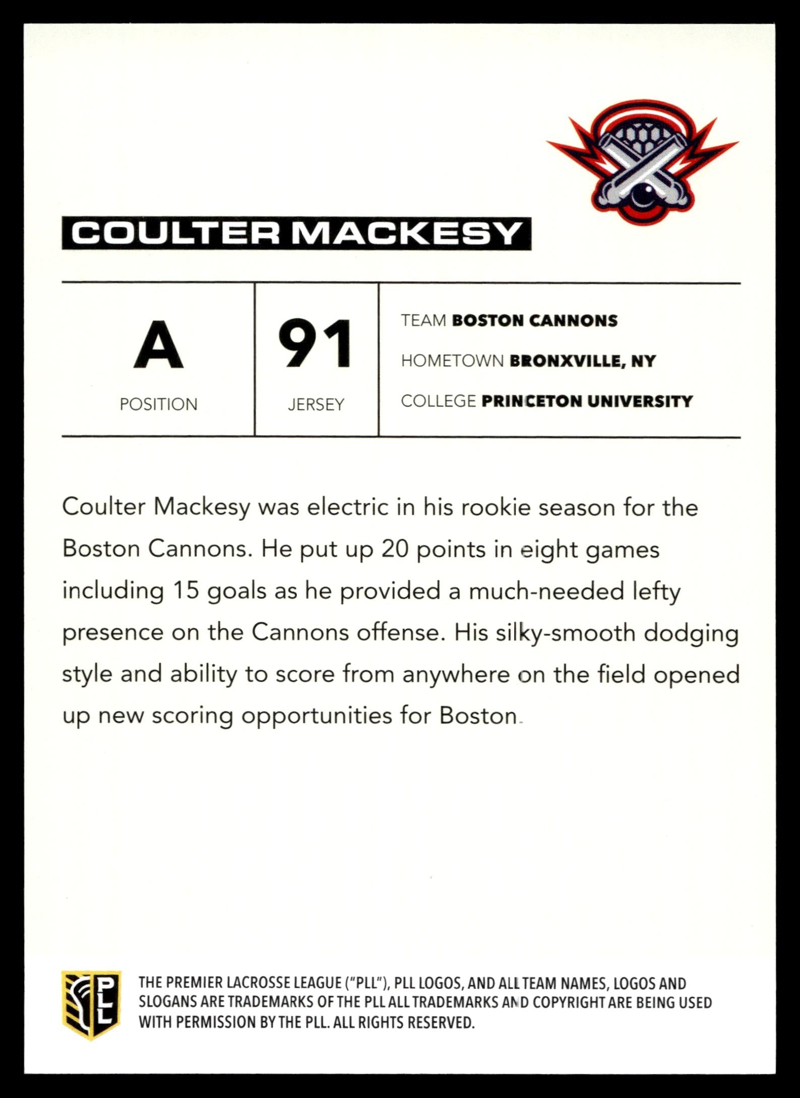 Coulter Mackesy 2025 PLL Flagship Boston Cannons Blue 20/99 #