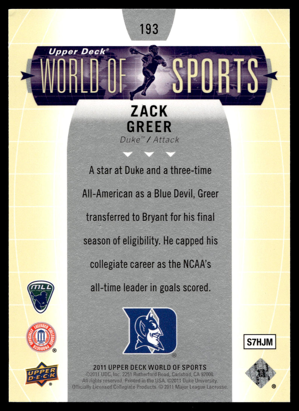 Zack Greer 2011 Upper Deck World of Sports Duke Blue Devils #193