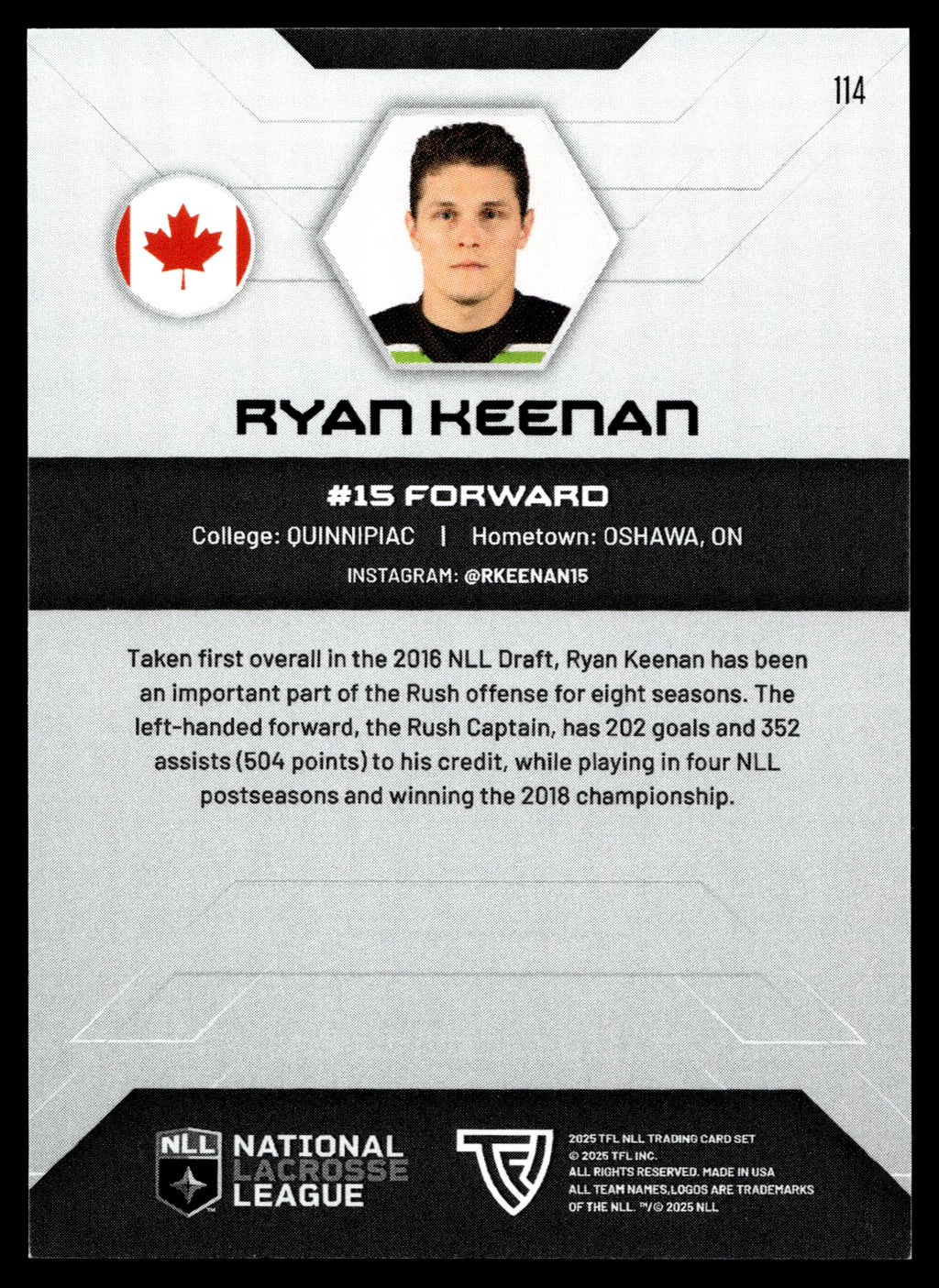 Ryan Keenan 2025 TFL NLL Sashatchewan Rush 45/75 #114