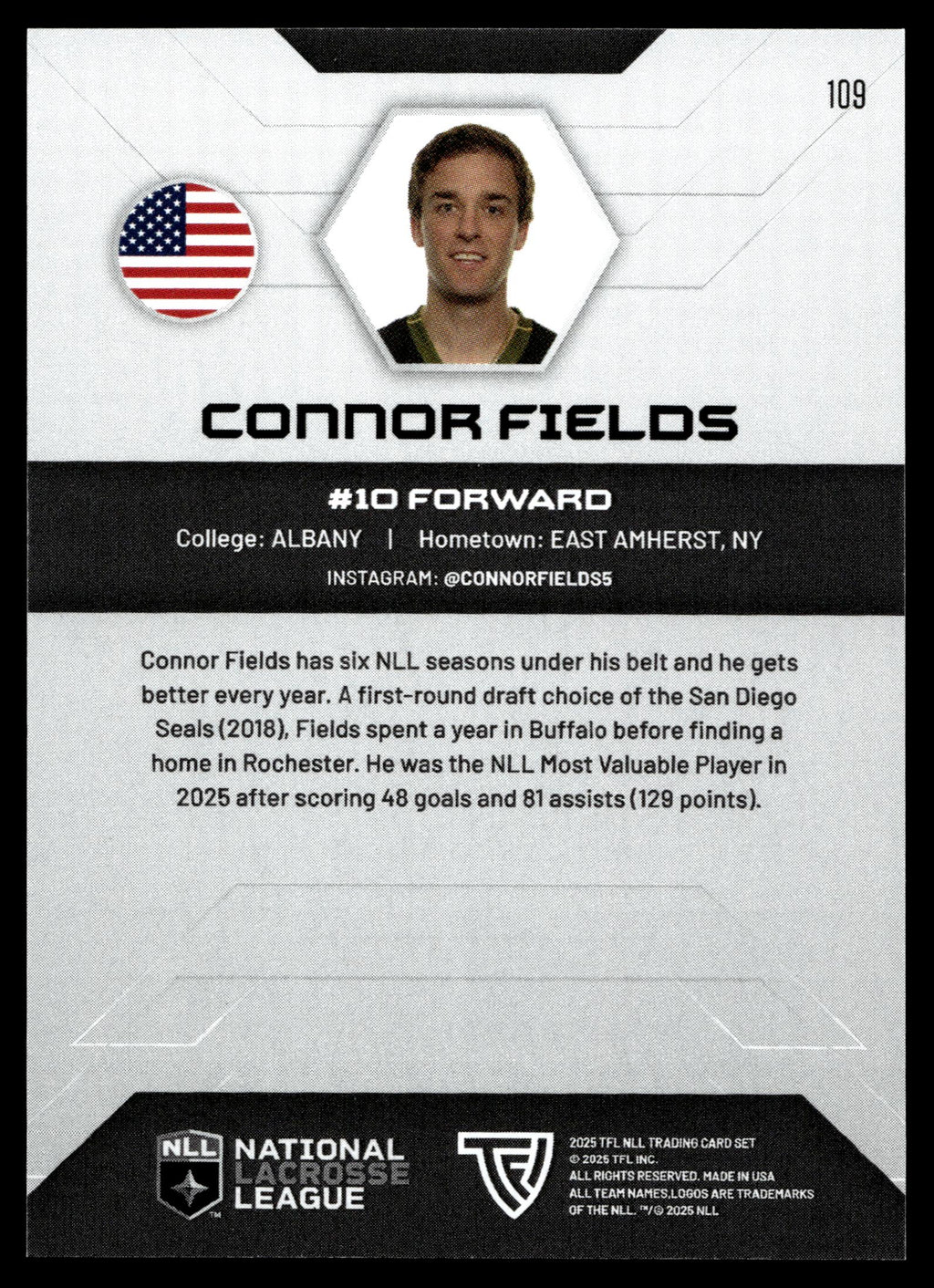 Connor Fields 2025 TFL NLL Rochester Nighthawks #109