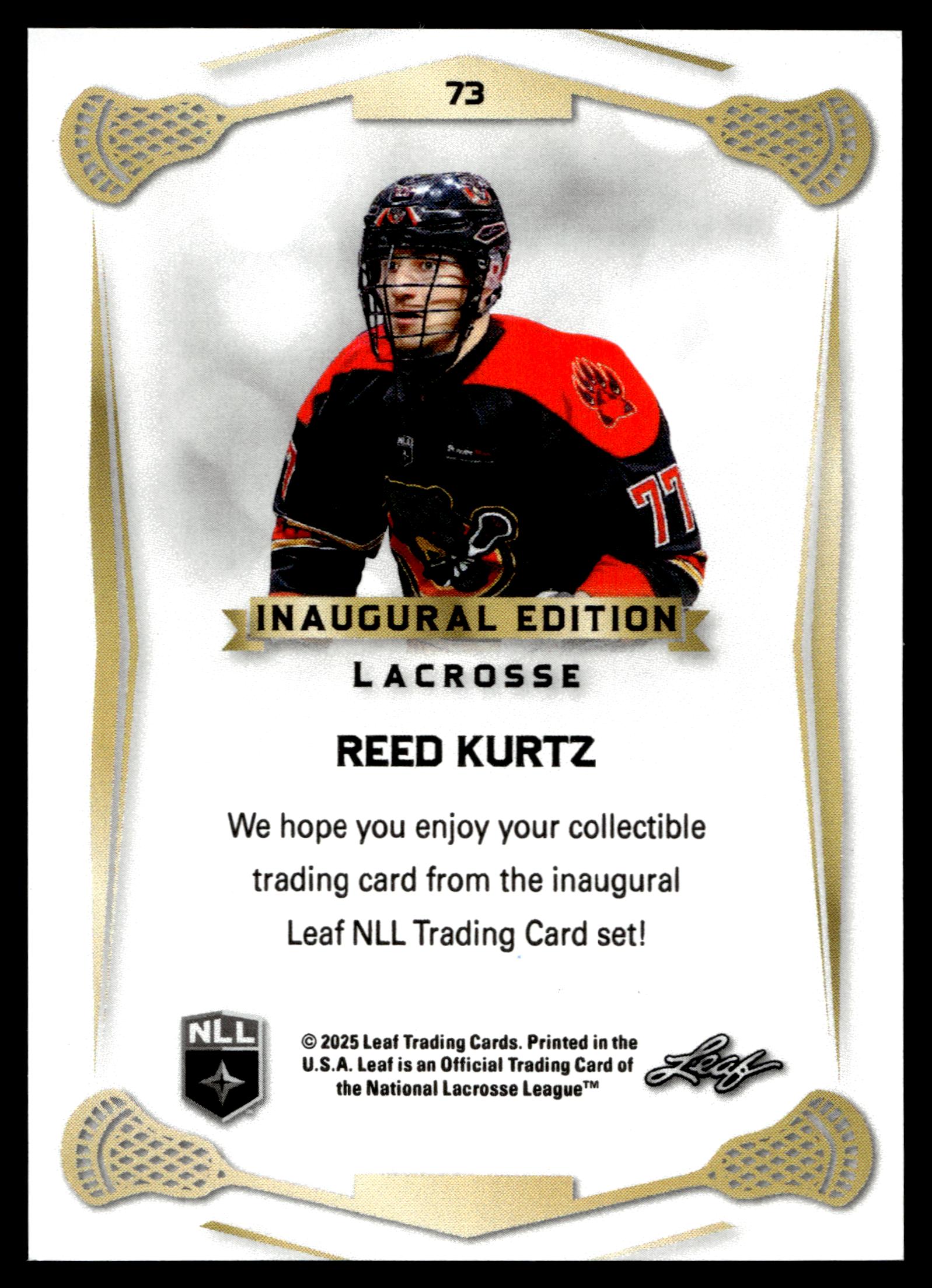 Reed Kurtz 2024 Lesf NLL Inagaural Ottawa Black Bears Red 5/20 #73