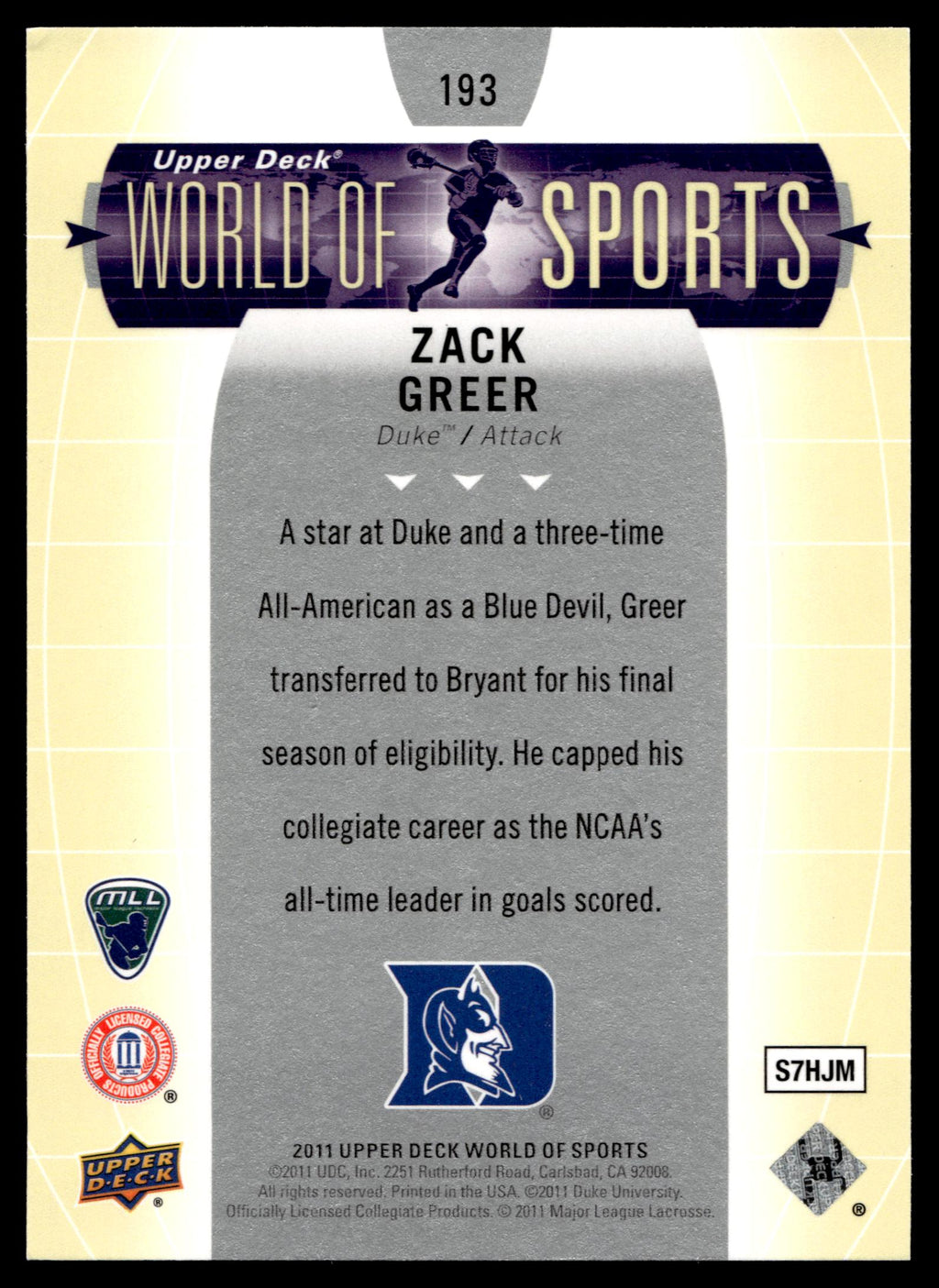 Zack Greer 2011 Upper Deck World of Sports Duke Blue Devils #193