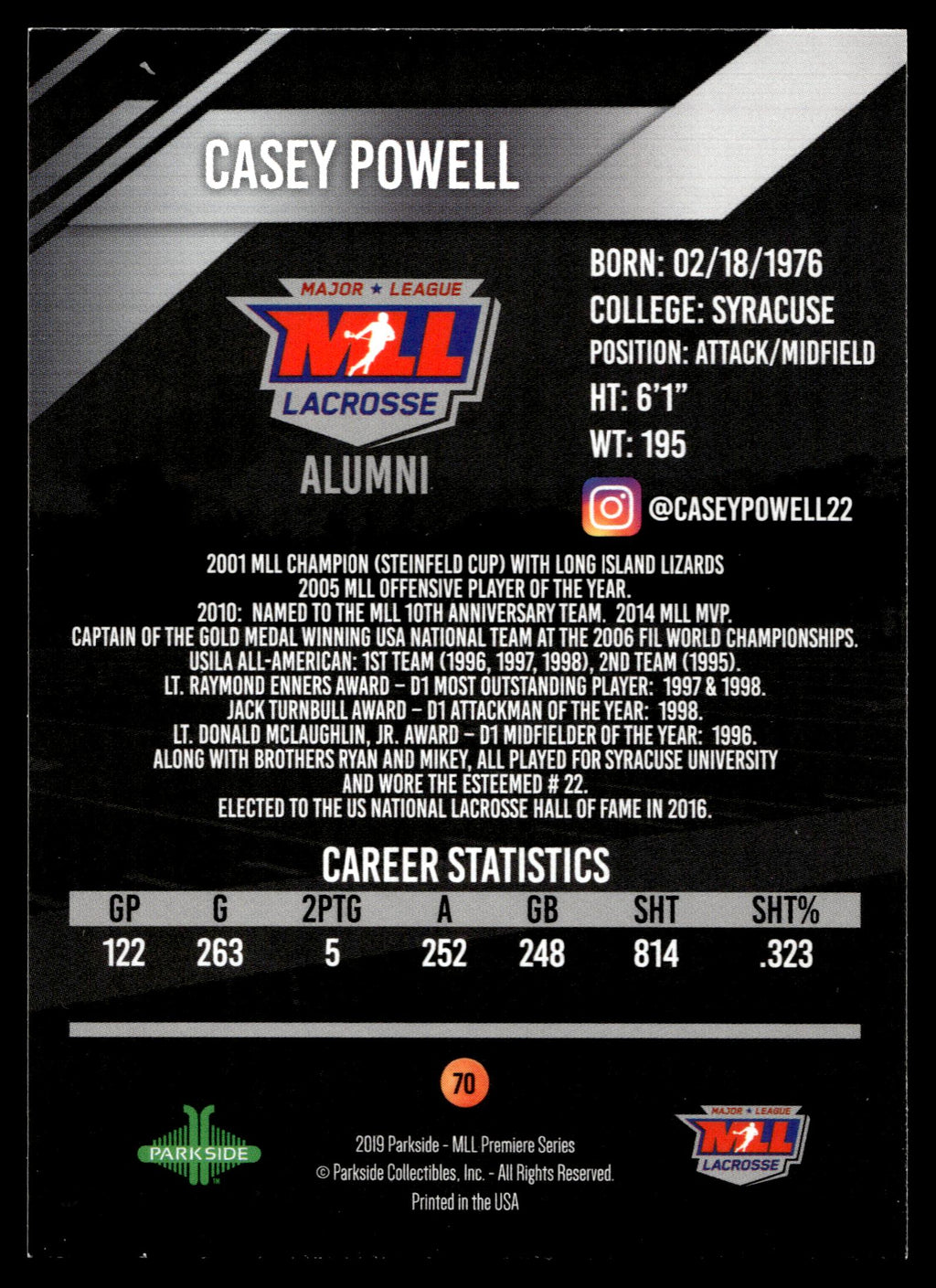 Casey Powell 2019 MLL Premier Series Florida Launch Alumni #70
