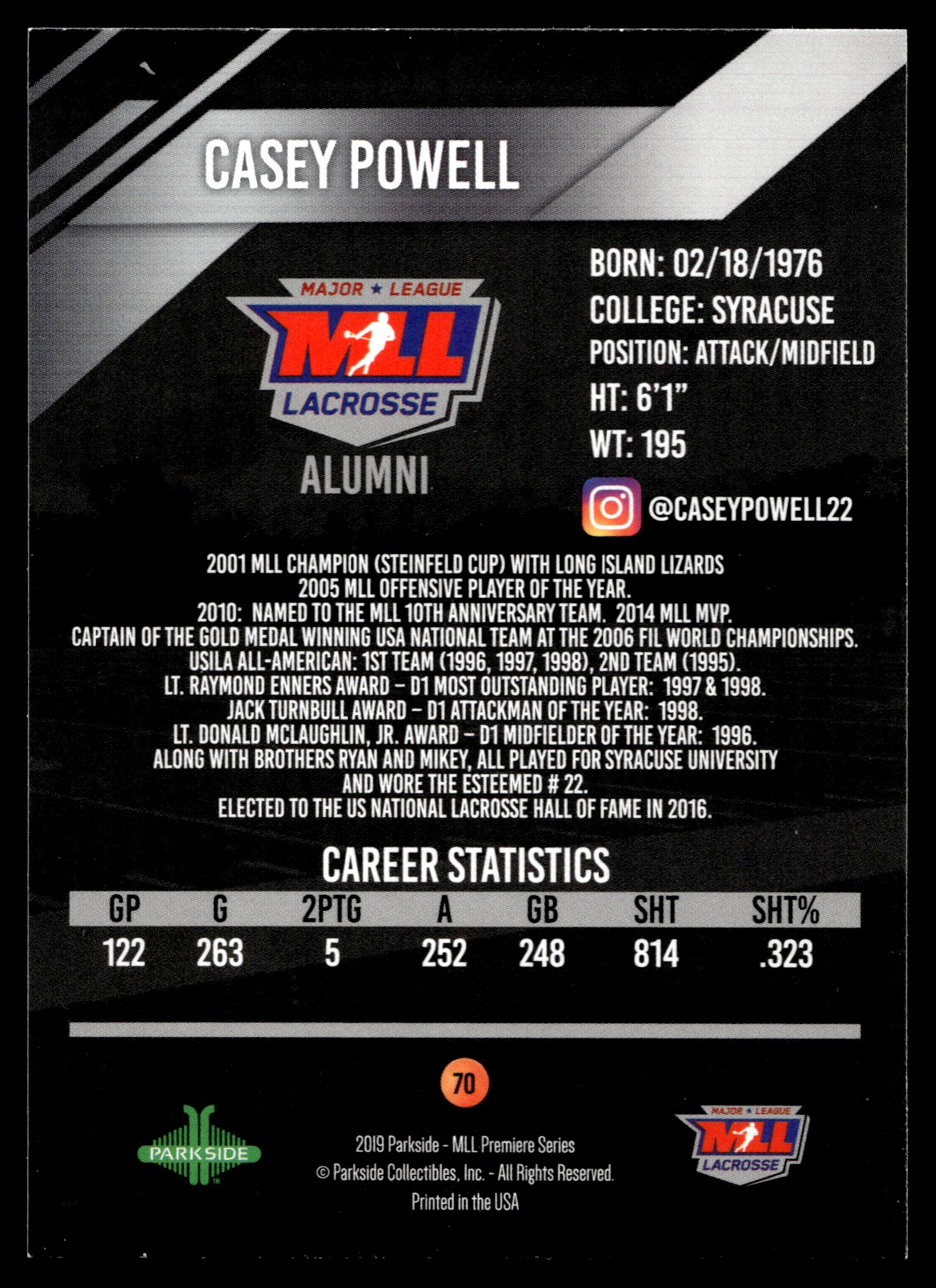Casey Powell 2019 MLL Premier Series Florida Launch Alumni #70